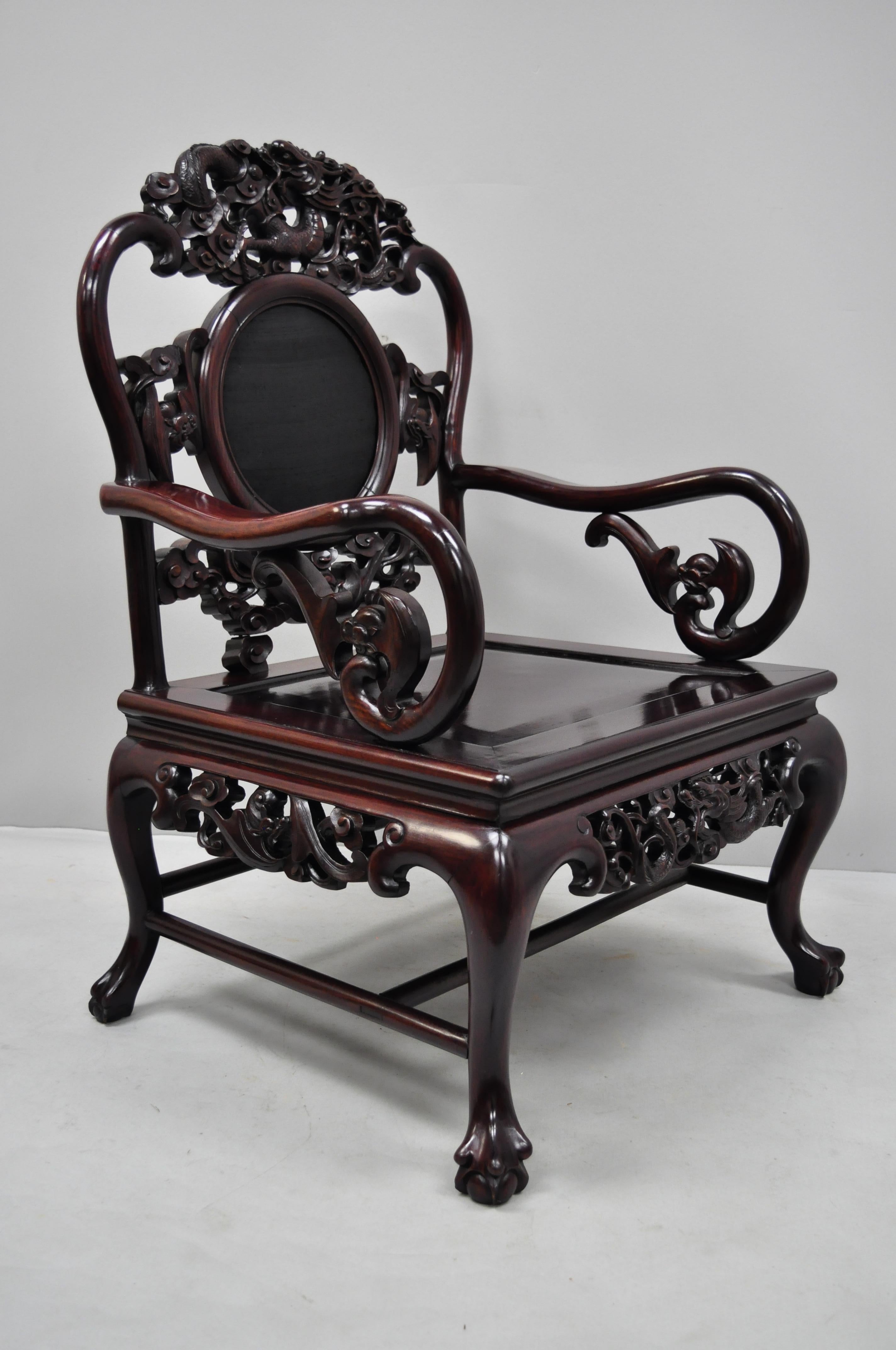 20th Century Pair of Vintage Oriental Dragon Carved Rosewood Lounge Throne Chair Armchairs