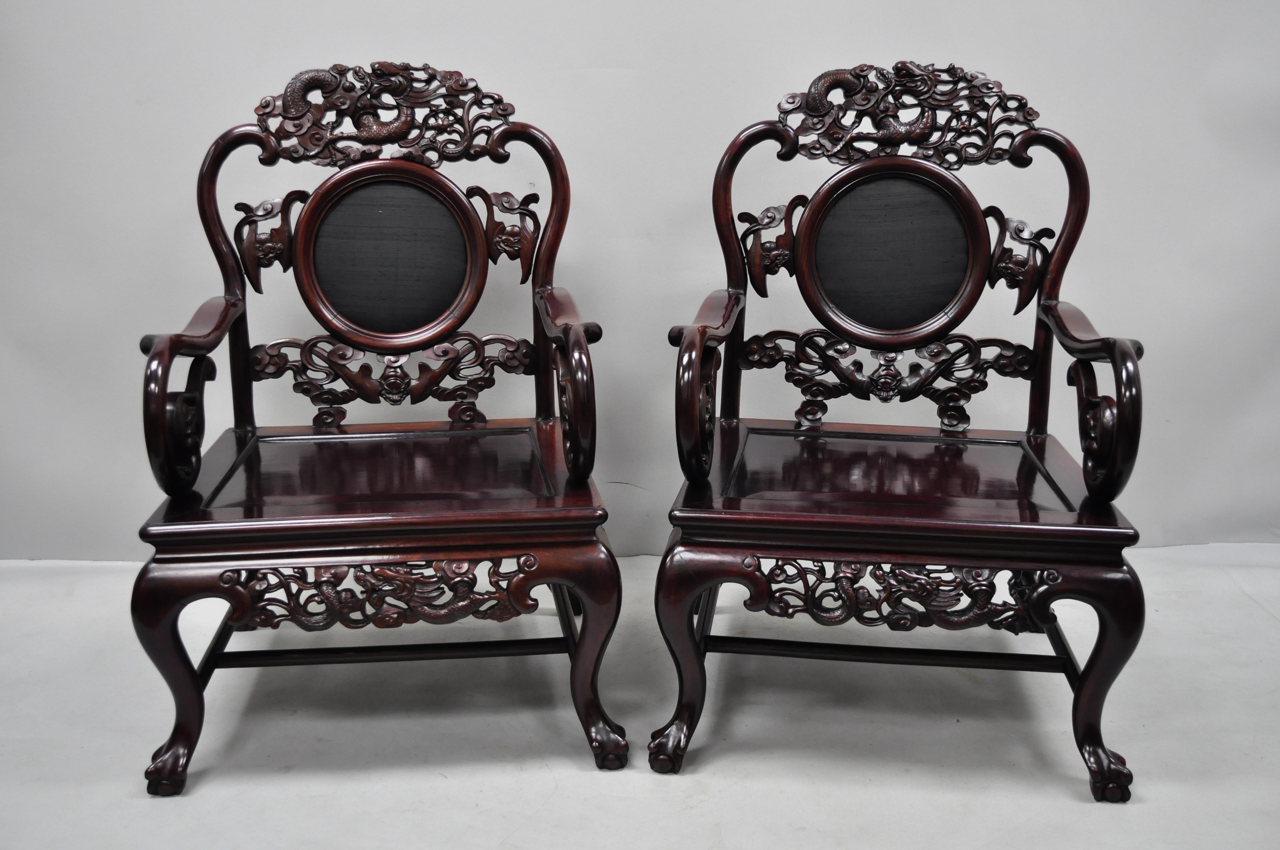 Pair of Vintage Oriental Dragon Carved Rosewood Lounge Throne Chair Armchairs 1