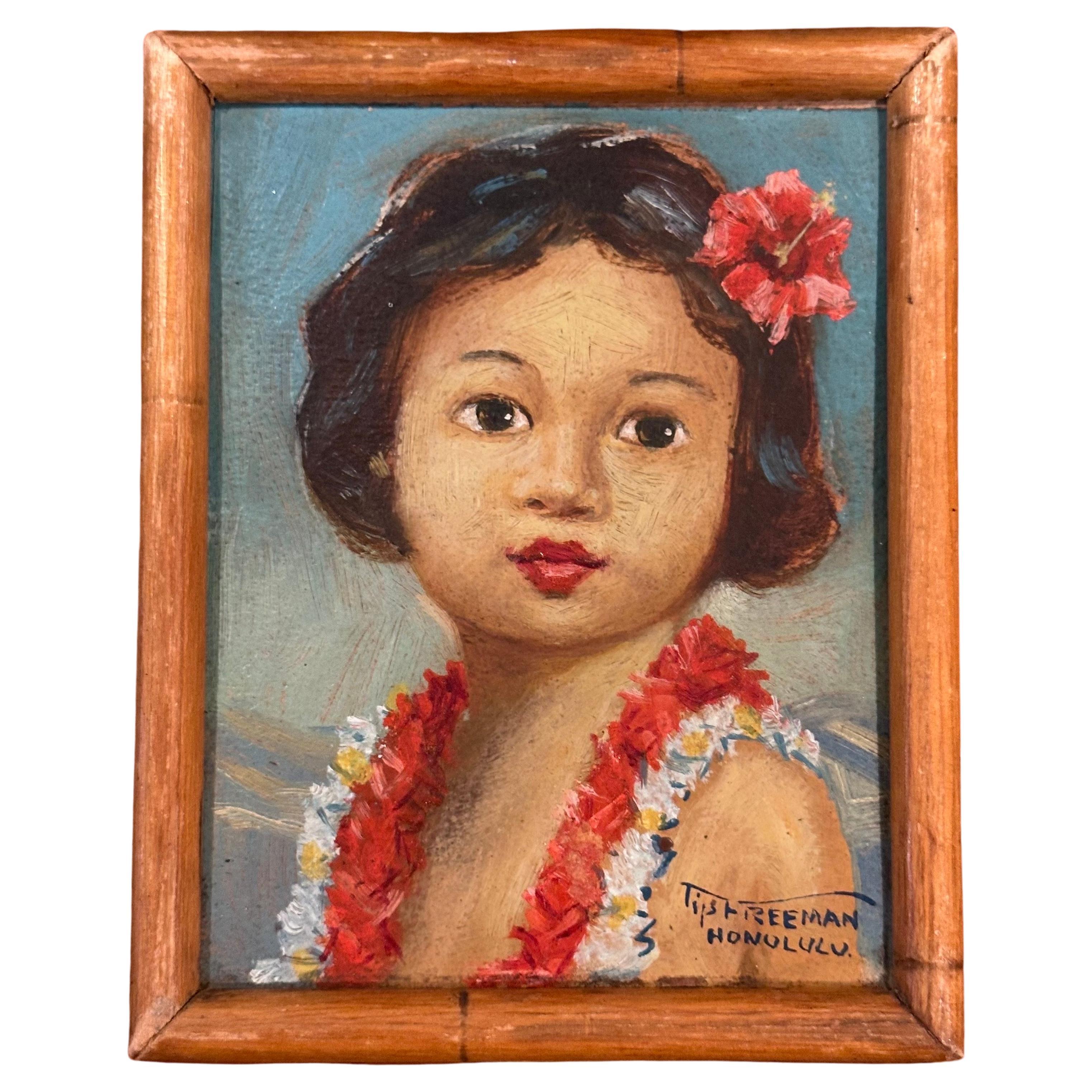 Coppia di mini ritratti hawaiani originali d'epoca di Tip Freeman, circa anni '40. .  Entrambe le opere sono firmate sulla parte inferiore 