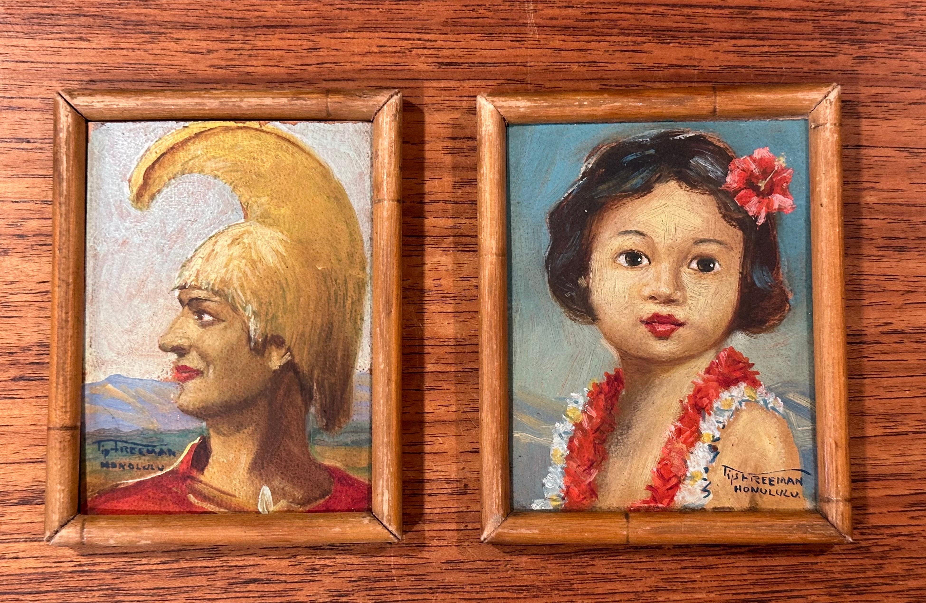 Americano Coppia di mini ritratti hawaiani originali d'epoca di Tip Freeman in vendita