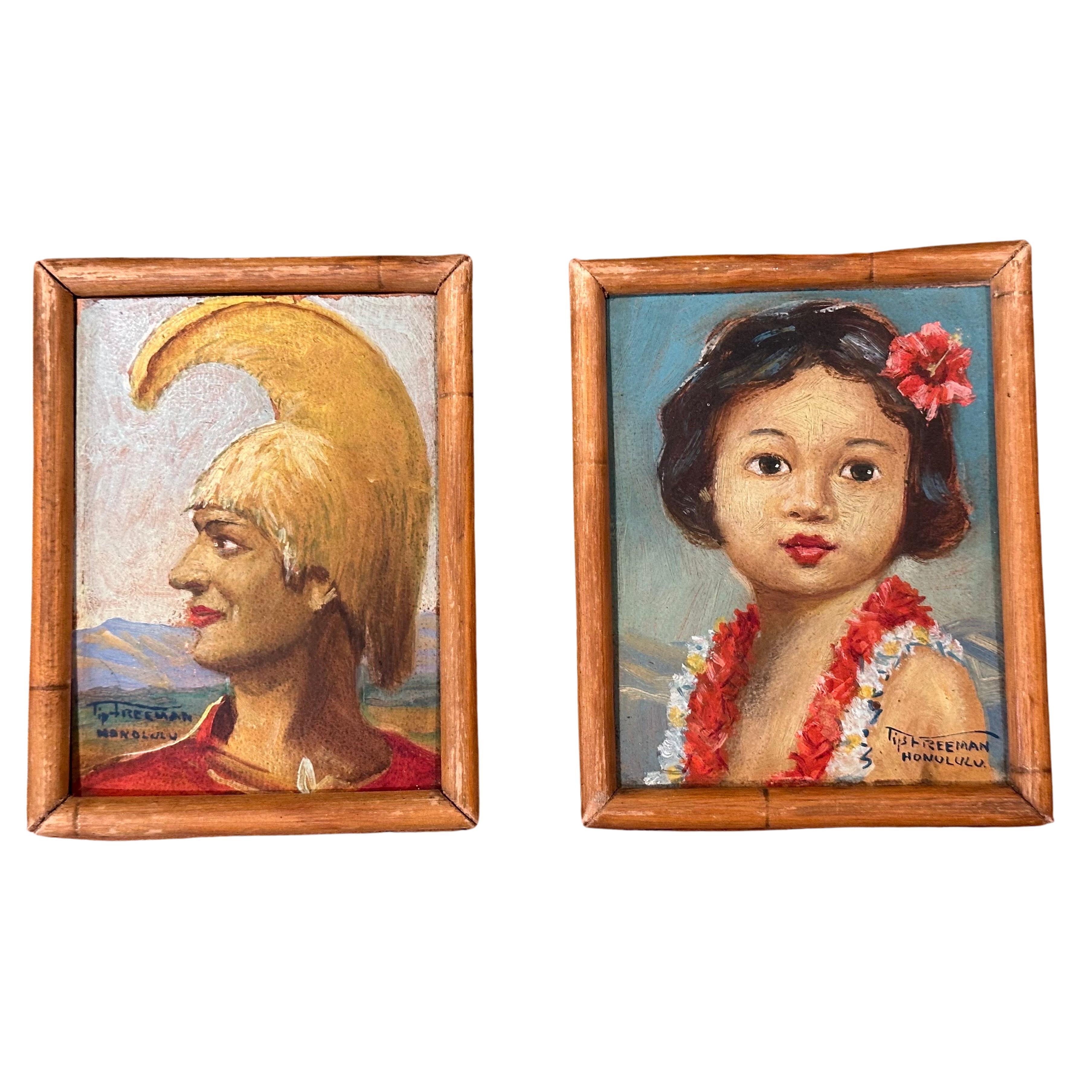 Coppia di mini ritratti hawaiani originali d'epoca di Tip Freeman in vendita 2