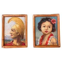 Pair of Retro Original Hawaiian Mini Portrait Paintings by Tip Freeman
