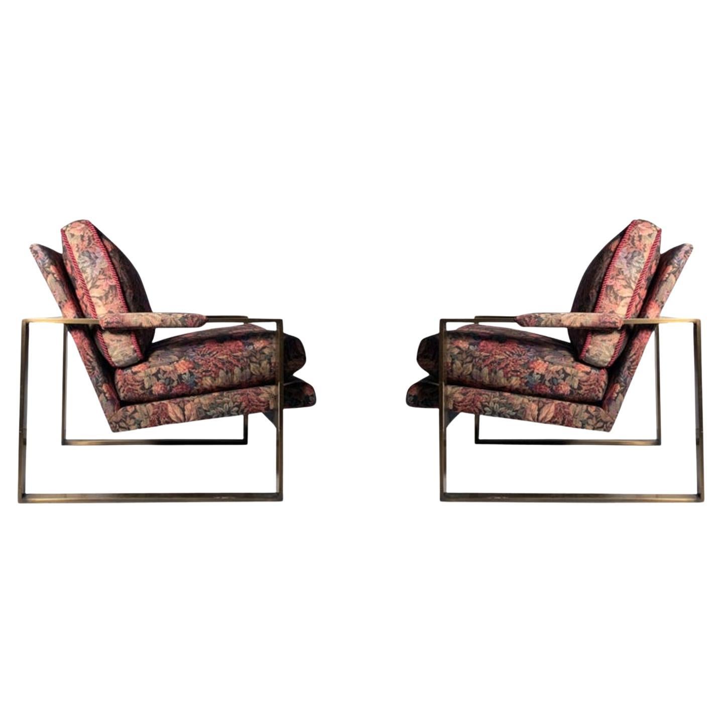 Paire de fauteuils de salon d'origine Milo Baughman à base à lattes et finition bronze