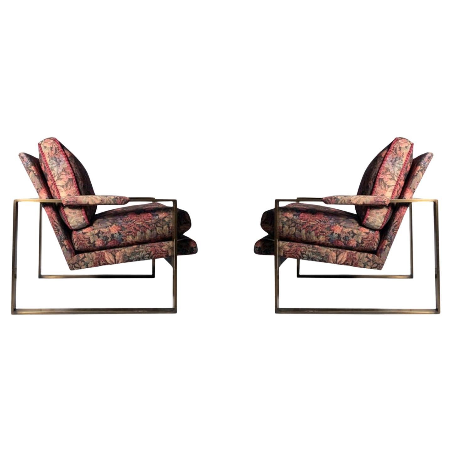 Pair of Vintage Original Milo Baughman Sled Base Bronze Finish Lounge Chairs For Sale