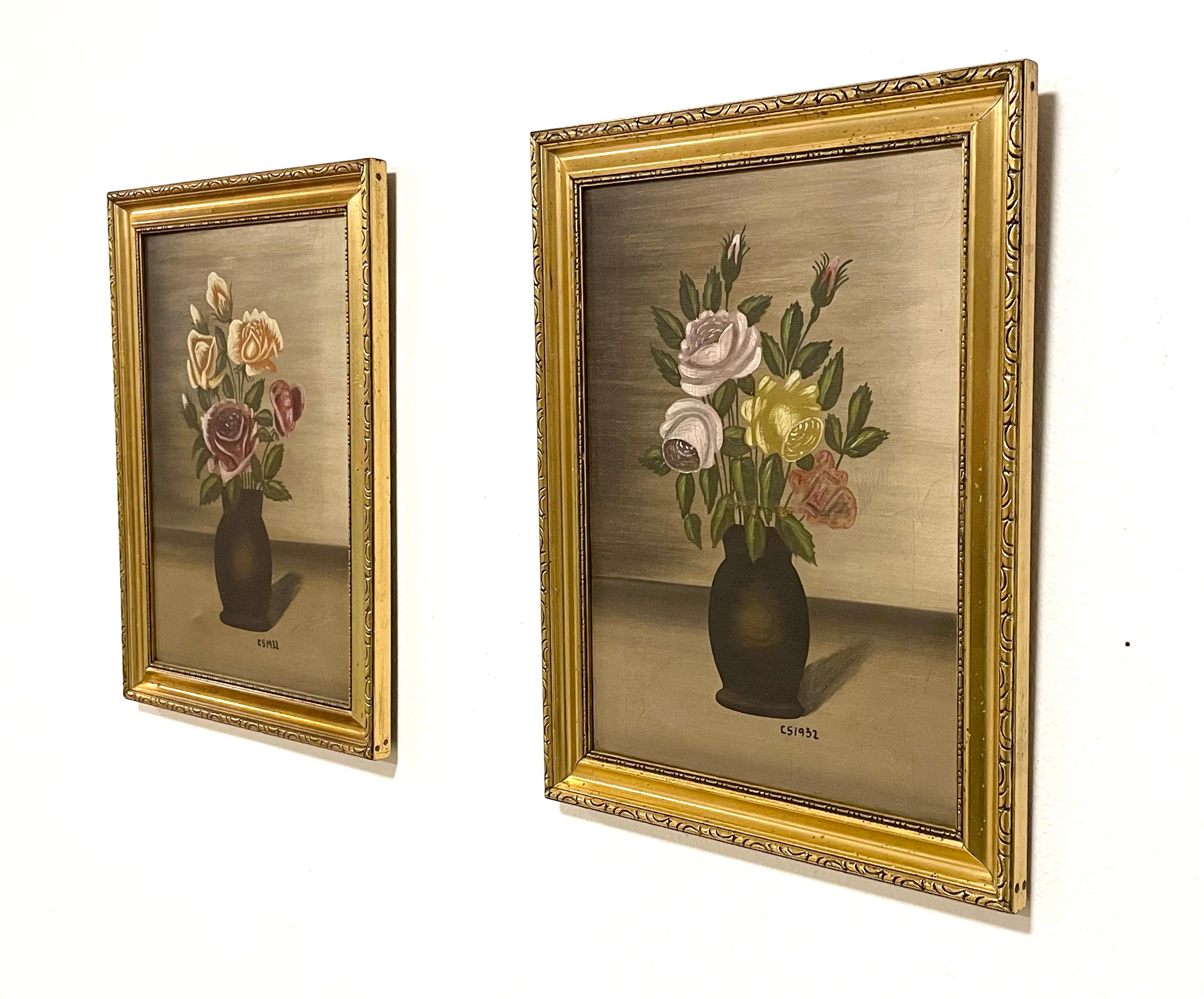 Art Deco Pair of vintage original still life floral painting from the 1930s by artist CS For Sale