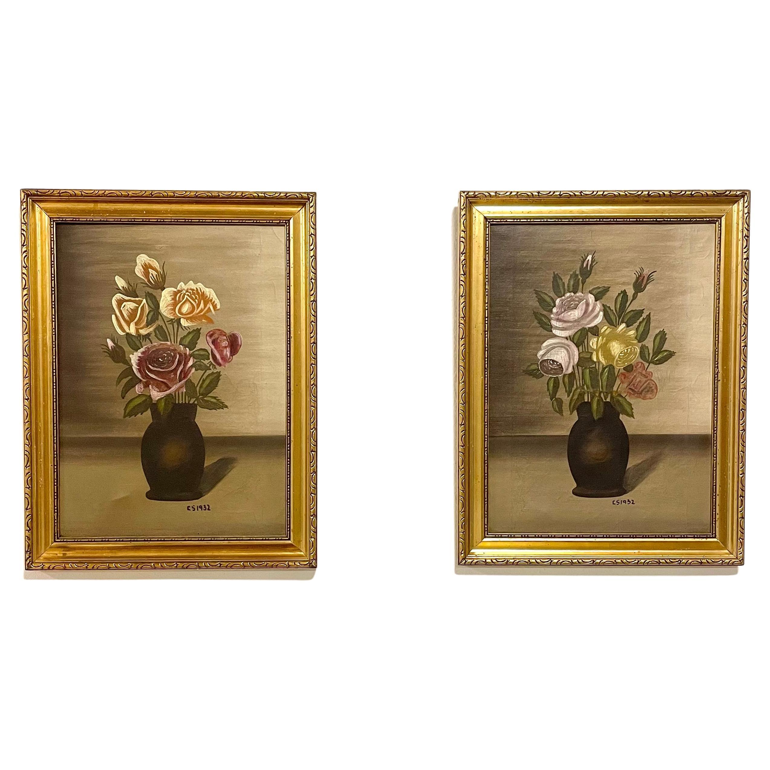 Coppia di nature morte floreali originali d'epoca degli anni '30 dell'artista CS