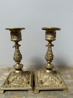 Pair of Vintage Ornate Brass Candlesticks  Decorative Square Base Candle Holder