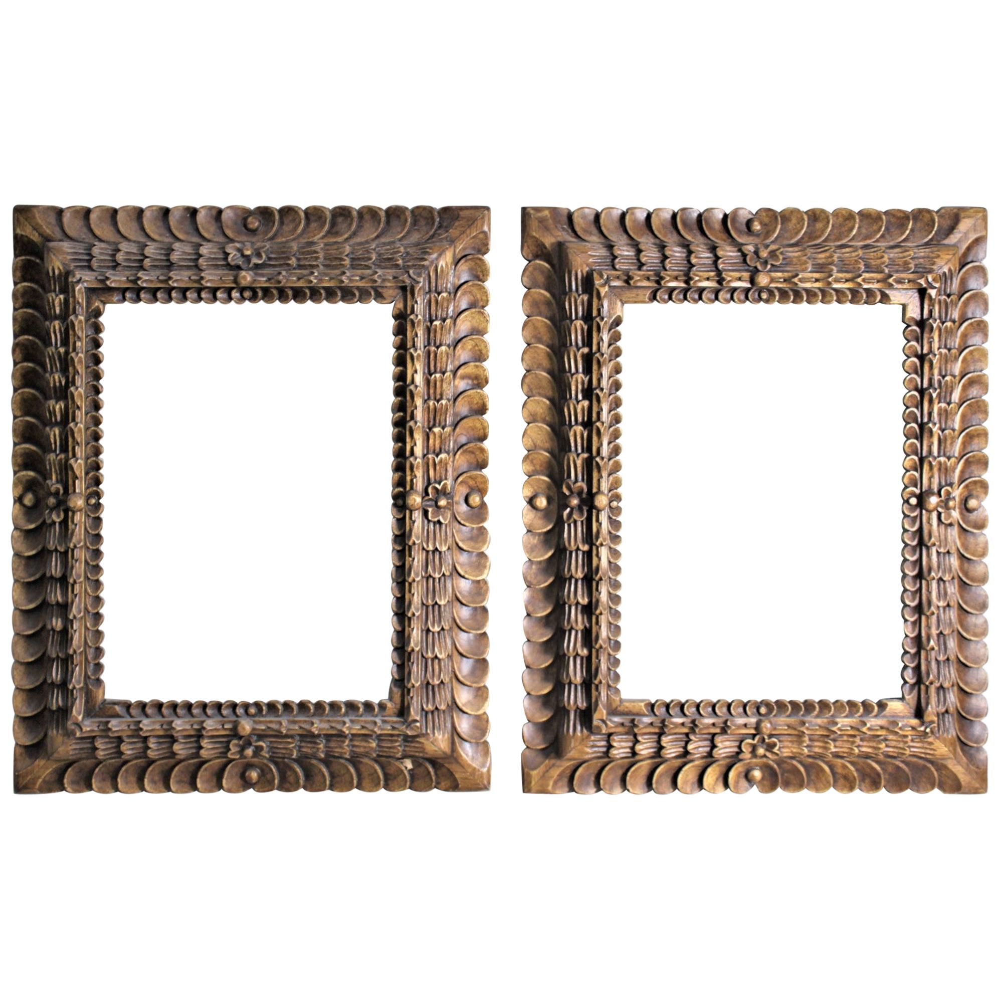 Pair of Vintage Ornately Hand-Carved Wooden Folk Art Styled Picture Frames