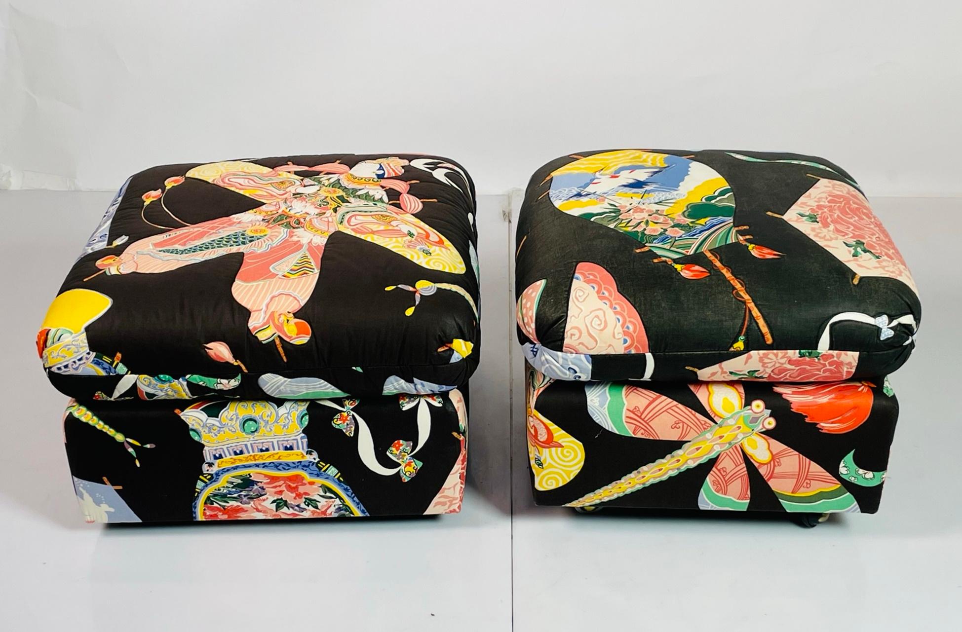 Mid-Century Modern Pair of Vintage Ottomans/Poufs Upholstered in Asian Print Fabric For Sale