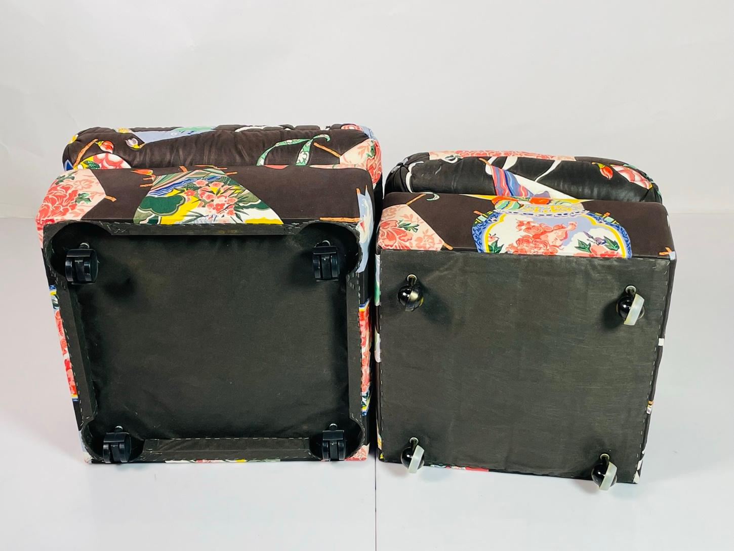 Pair of Vintage Ottomans/Poufs Upholstered in Asian Print Fabric In Good Condition For Sale In Los Angeles, CA