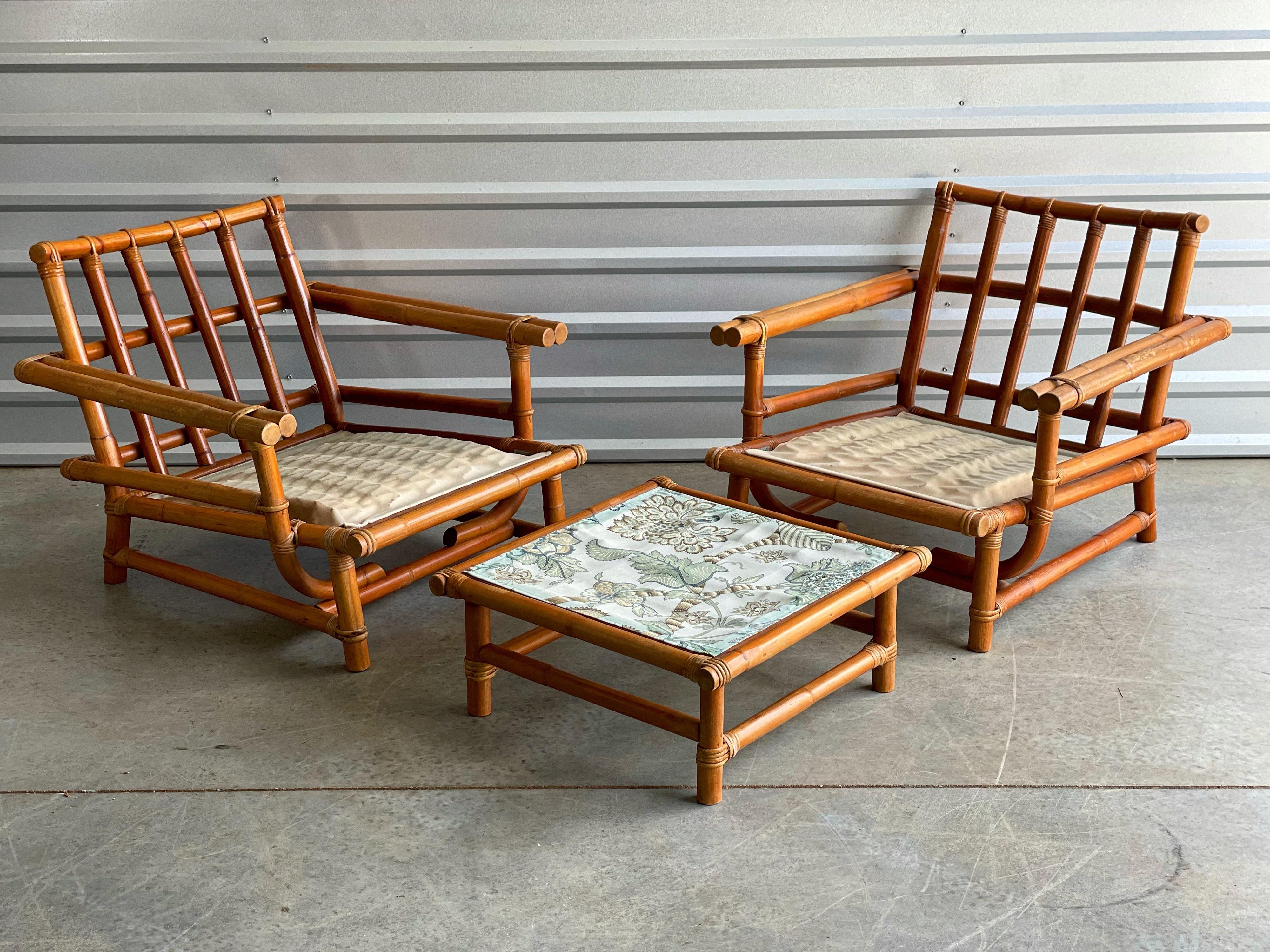 Bohemian Pair of Vintage Oversized Rattan Bamboo Ficks Reed Lounge Chairs and Ottoman