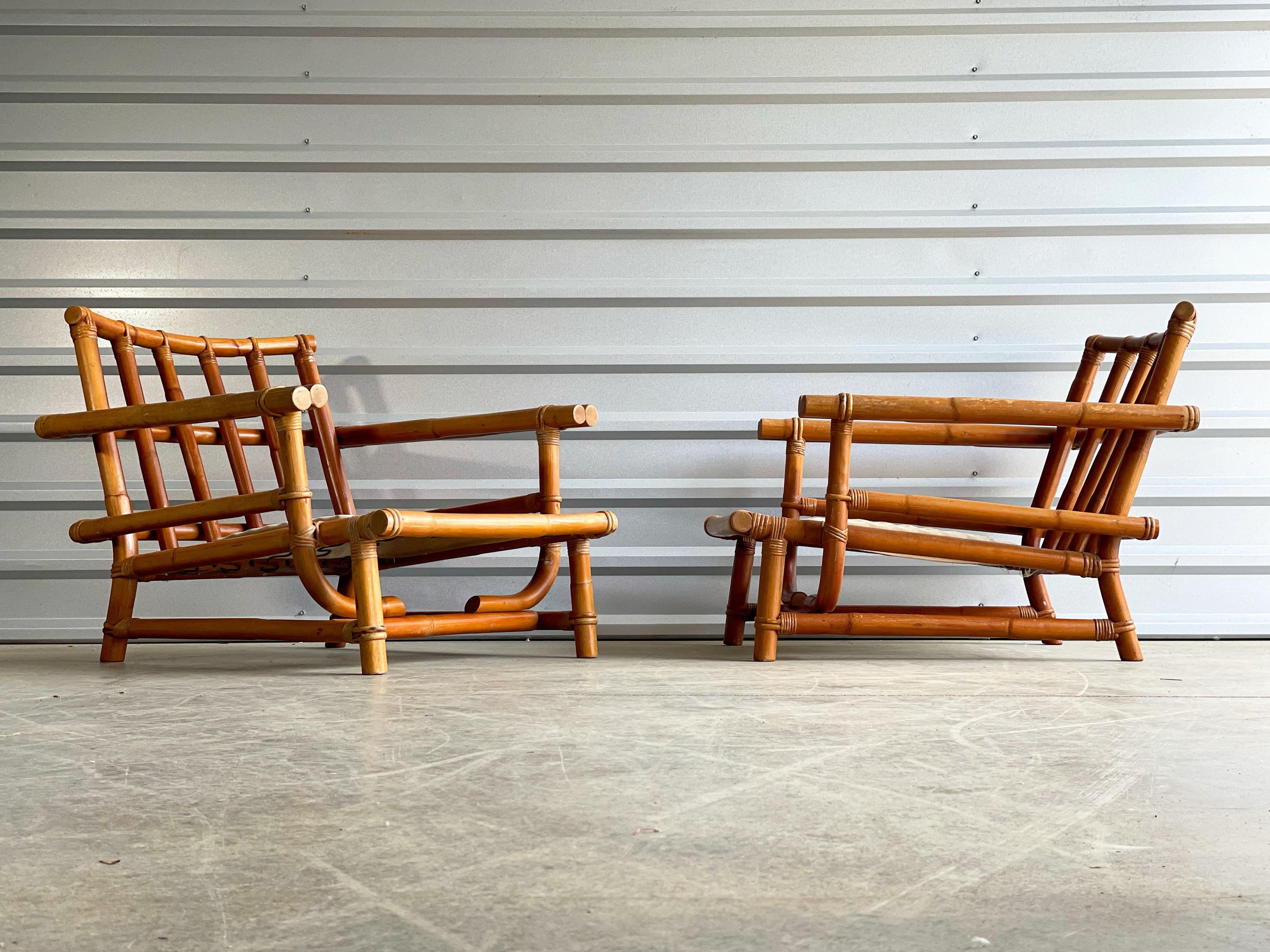 North American Pair of Vintage Oversized Rattan Bamboo Ficks Reed Lounge Chairs and Ottoman