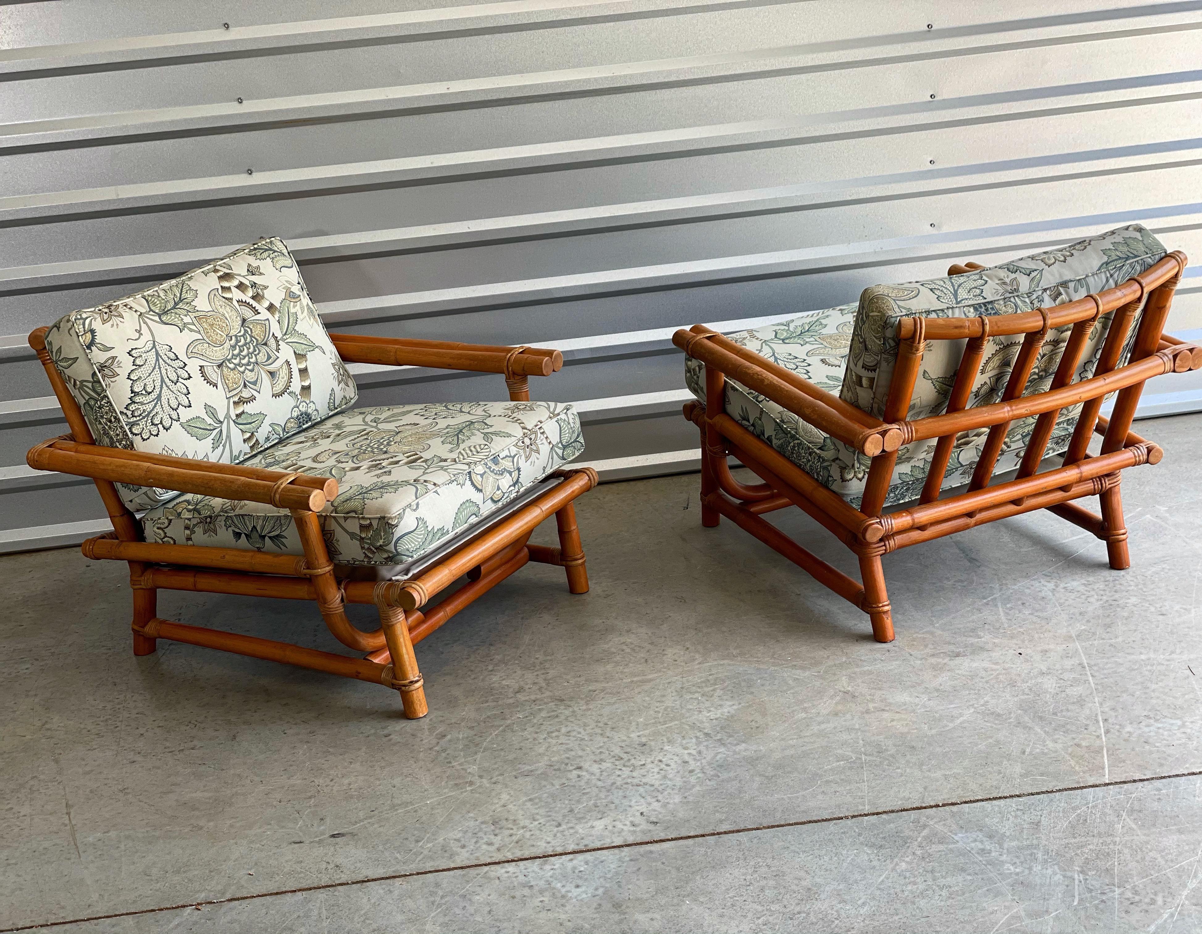 Mid-20th Century Pair of Vintage Oversized Rattan Bamboo Ficks Reed Lounge Chairs and Ottoman