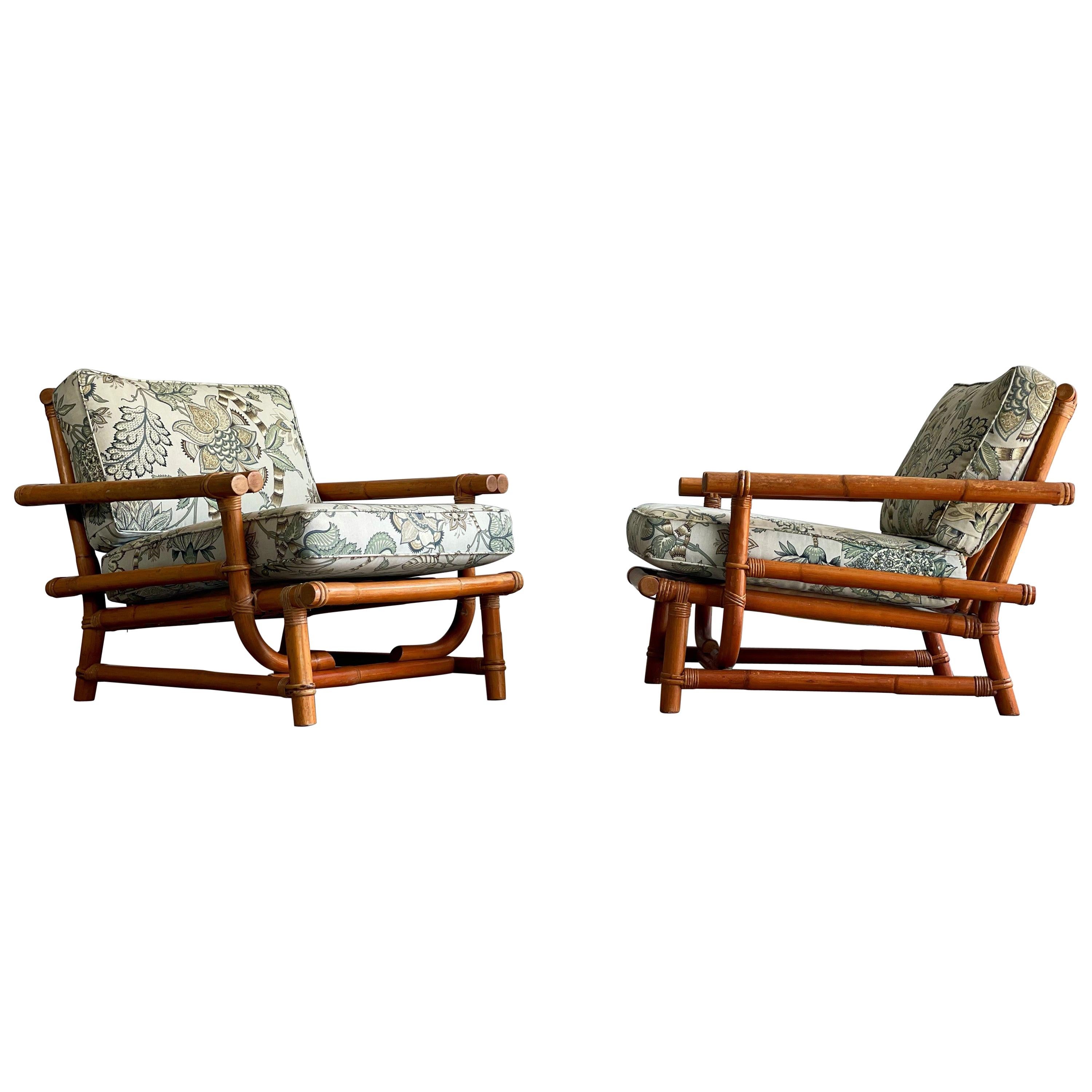 Pair of Vintage Oversized Rattan Bamboo Ficks Reed Lounge Chairs and Ottoman