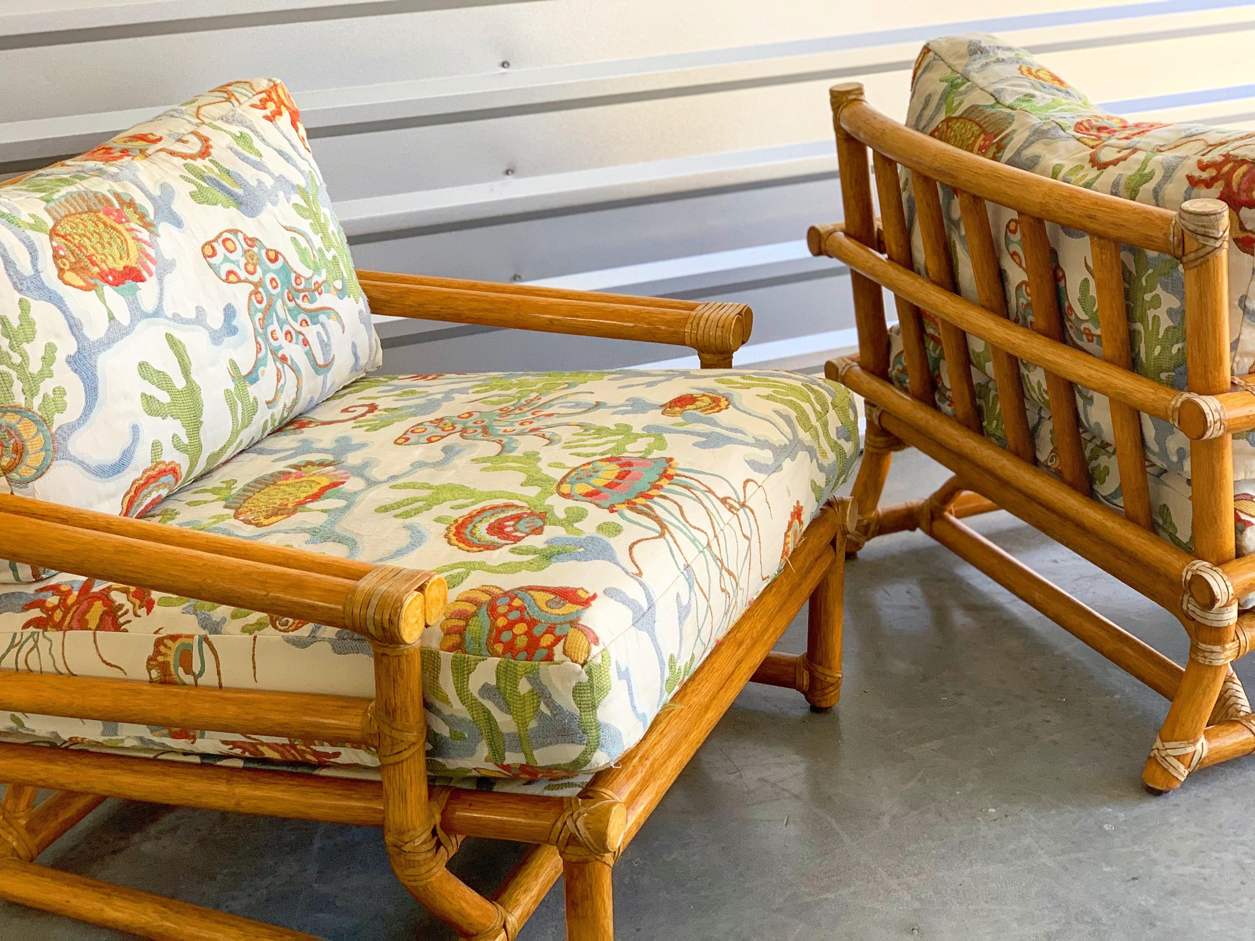 Pair of Vintage Oversized Rattan Bamboo McGuire Lounge Chairs and Ottoman 2