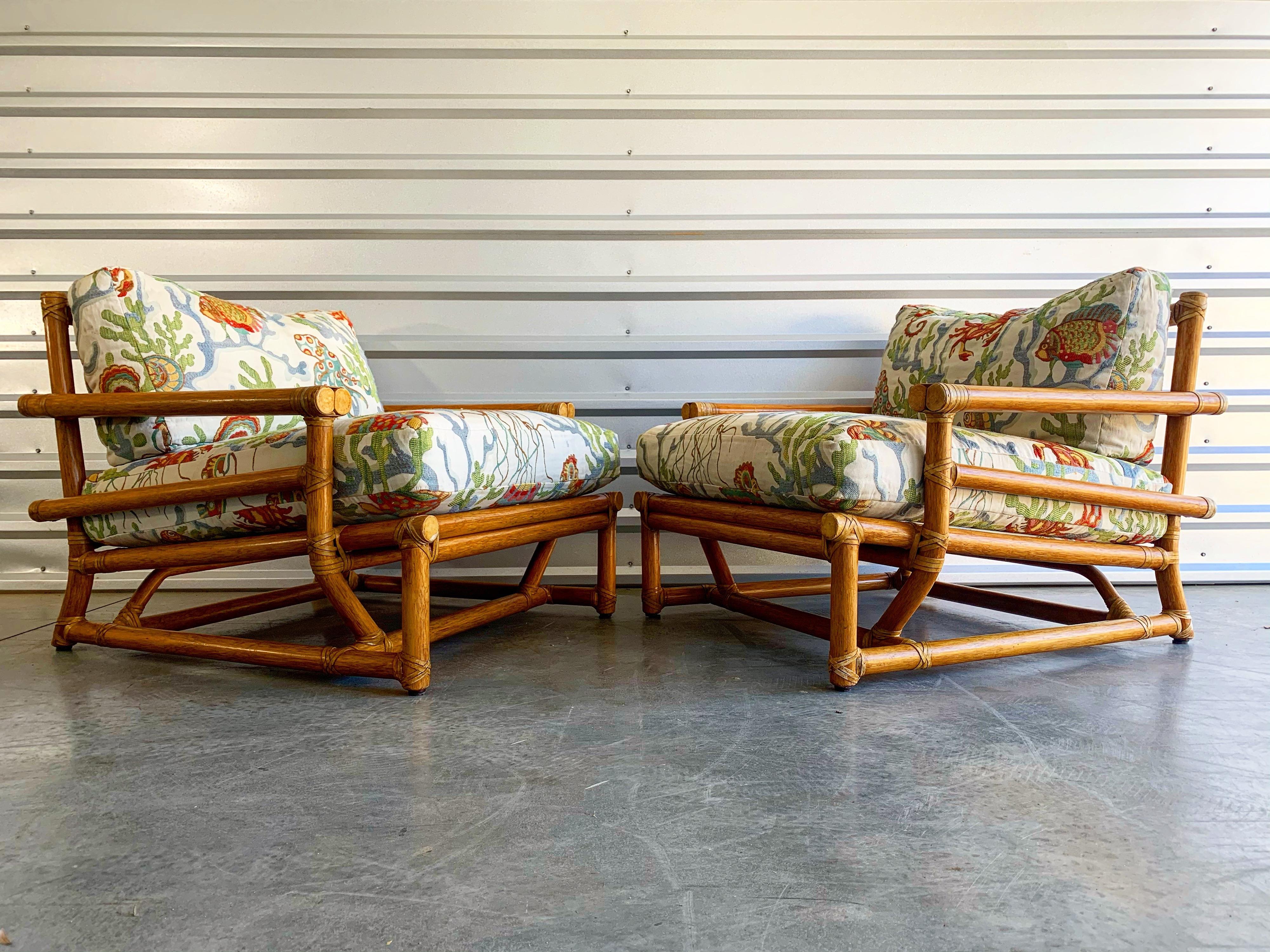 Pair of Vintage Oversized Rattan Bamboo McGuire Lounge Chairs and Ottoman 3