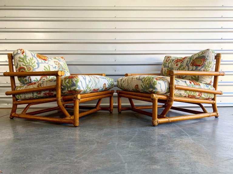 Pair of Vintage Oversized Rattan Bamboo McGuire Lounge Chairs and