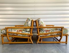 Pair of Vintage Oversized Rattan Bamboo McGuire Lounge Chairs and Ottoman