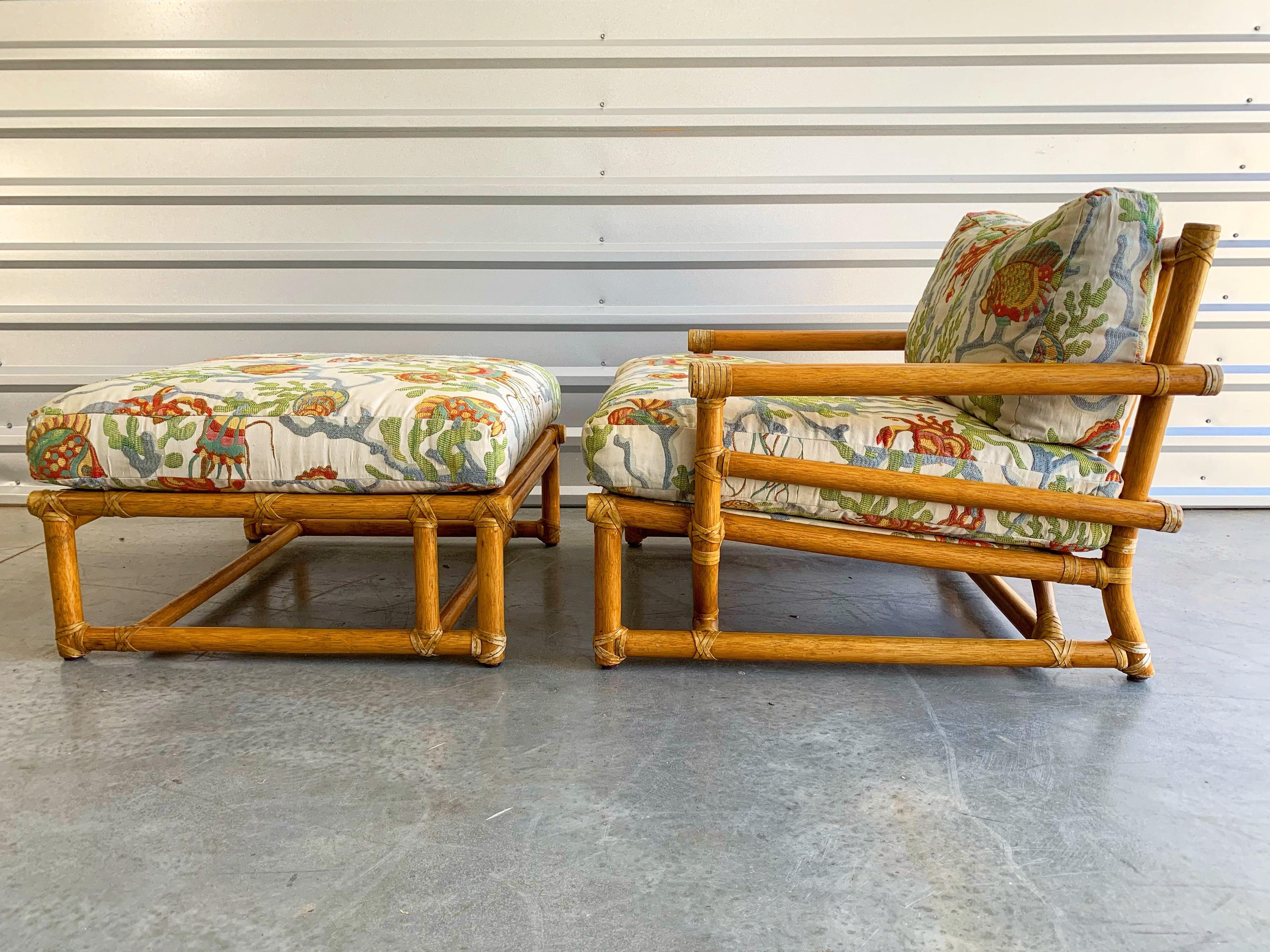 Bohemian Pair of Vintage Oversized Rattan Bamboo McGuire Lounge Chairs and Ottoman