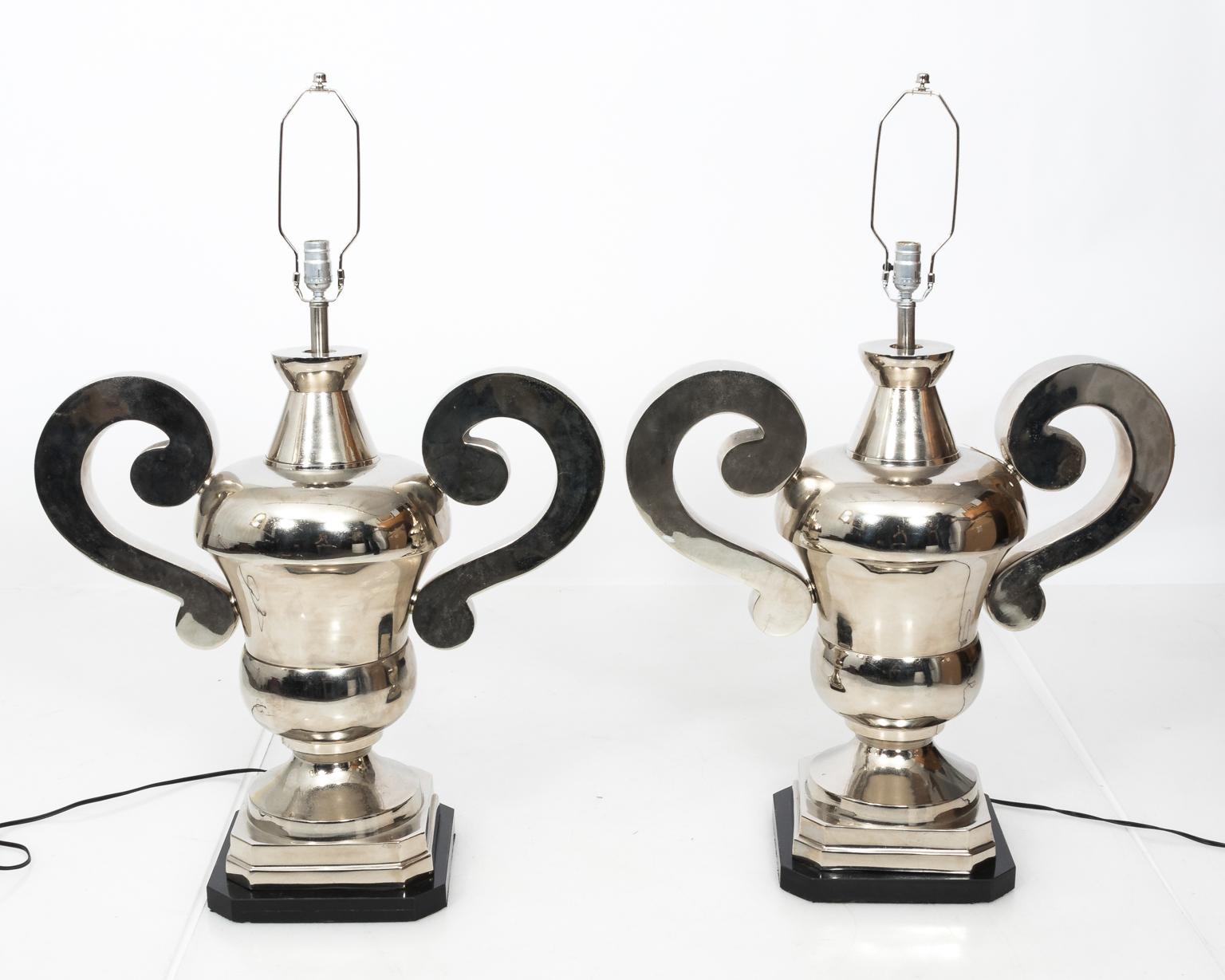 Pair of Vintage Oversized Urn Shaped Chrome Lamps For Sale 2