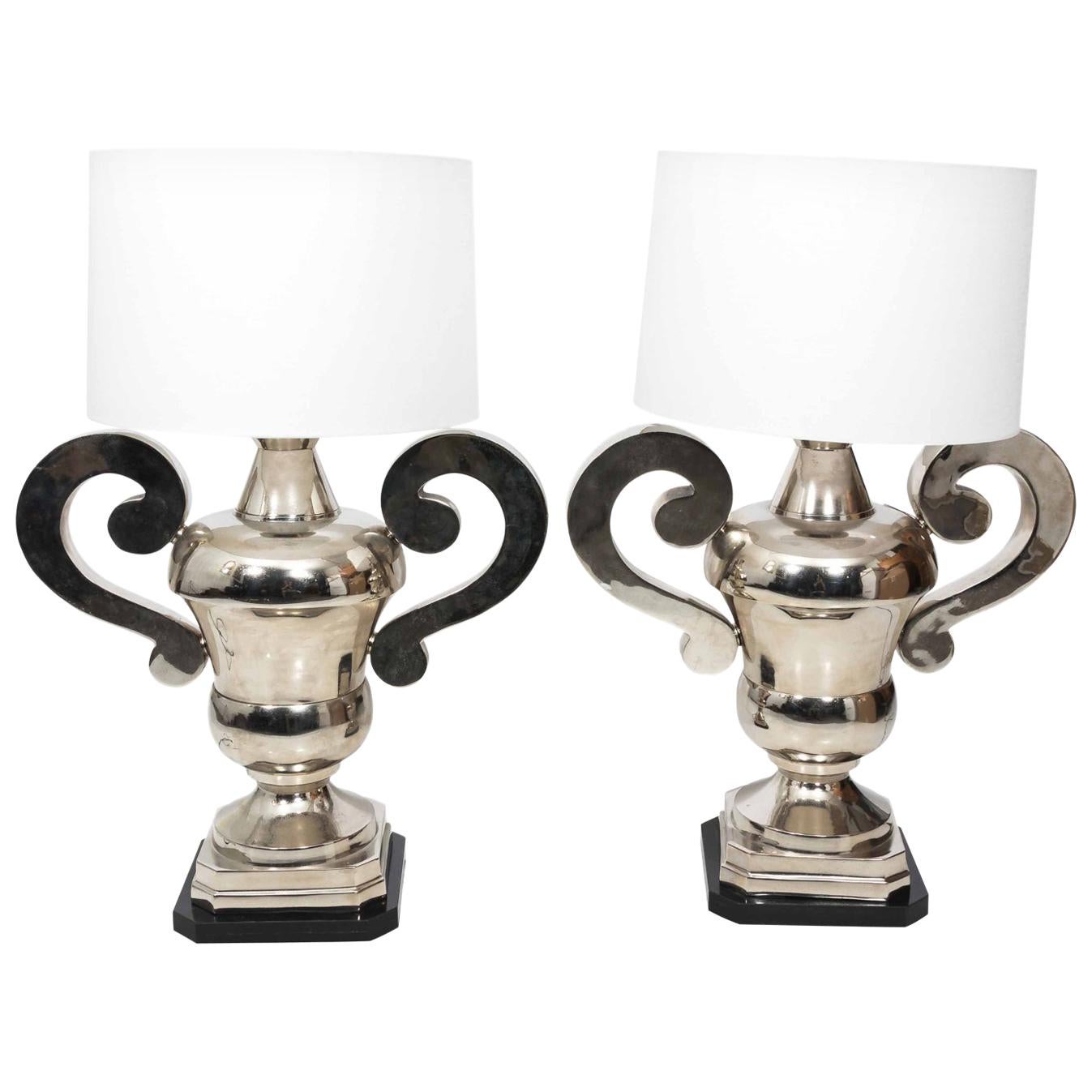 Pair of Vintage Oversized Urn Shaped Chrome Lamps For Sale