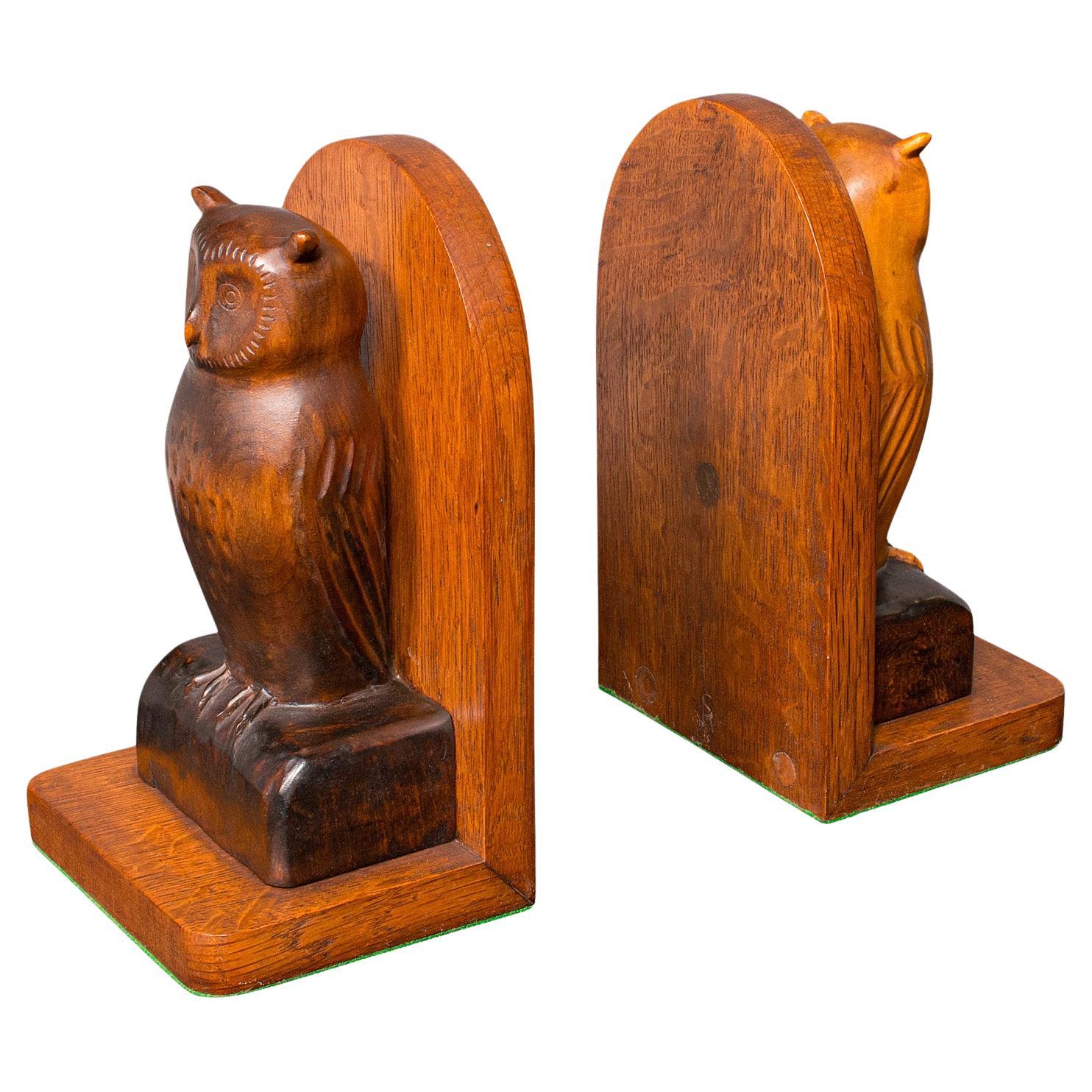 Pair of Vintage Owl Figure Bookends, English, Carved Oak Book Rest, Circa 1970 For Sale