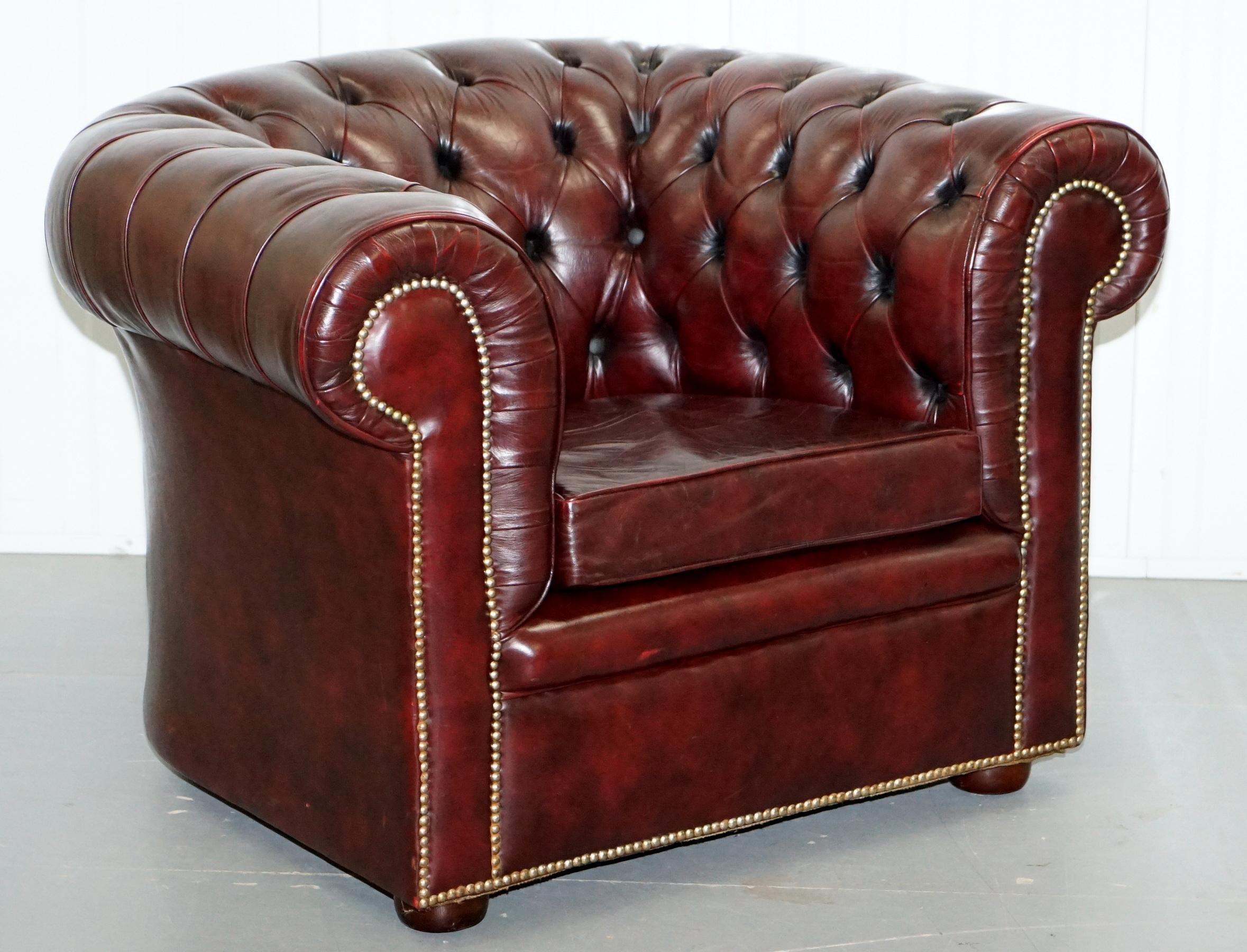 Pair of Vintage Oxblood Leather Hand Made in England Chesterfield Club Armchairs 5