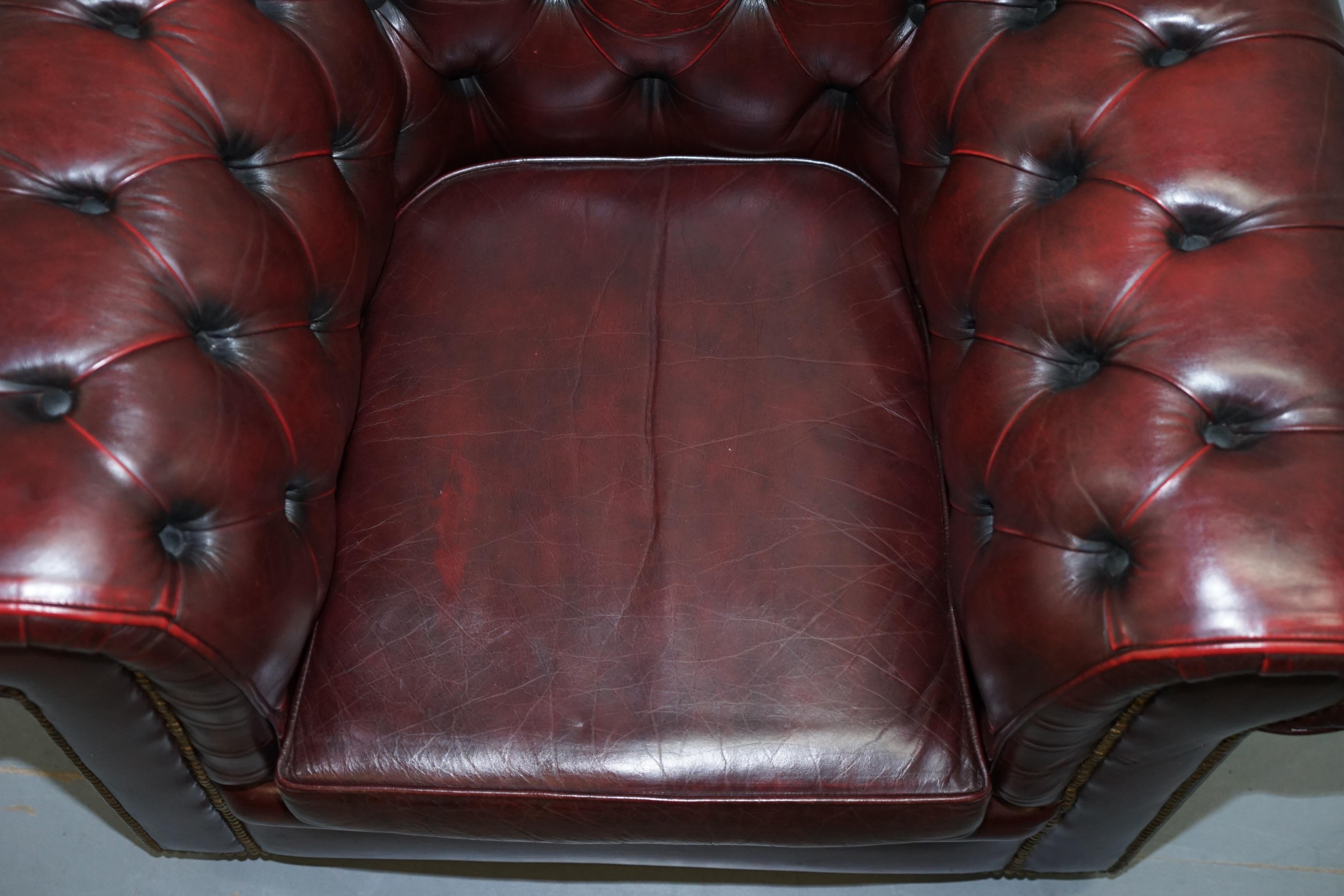 Victorian Pair of Vintage Oxblood Leather Hand Made in England Chesterfield Club Armchairs