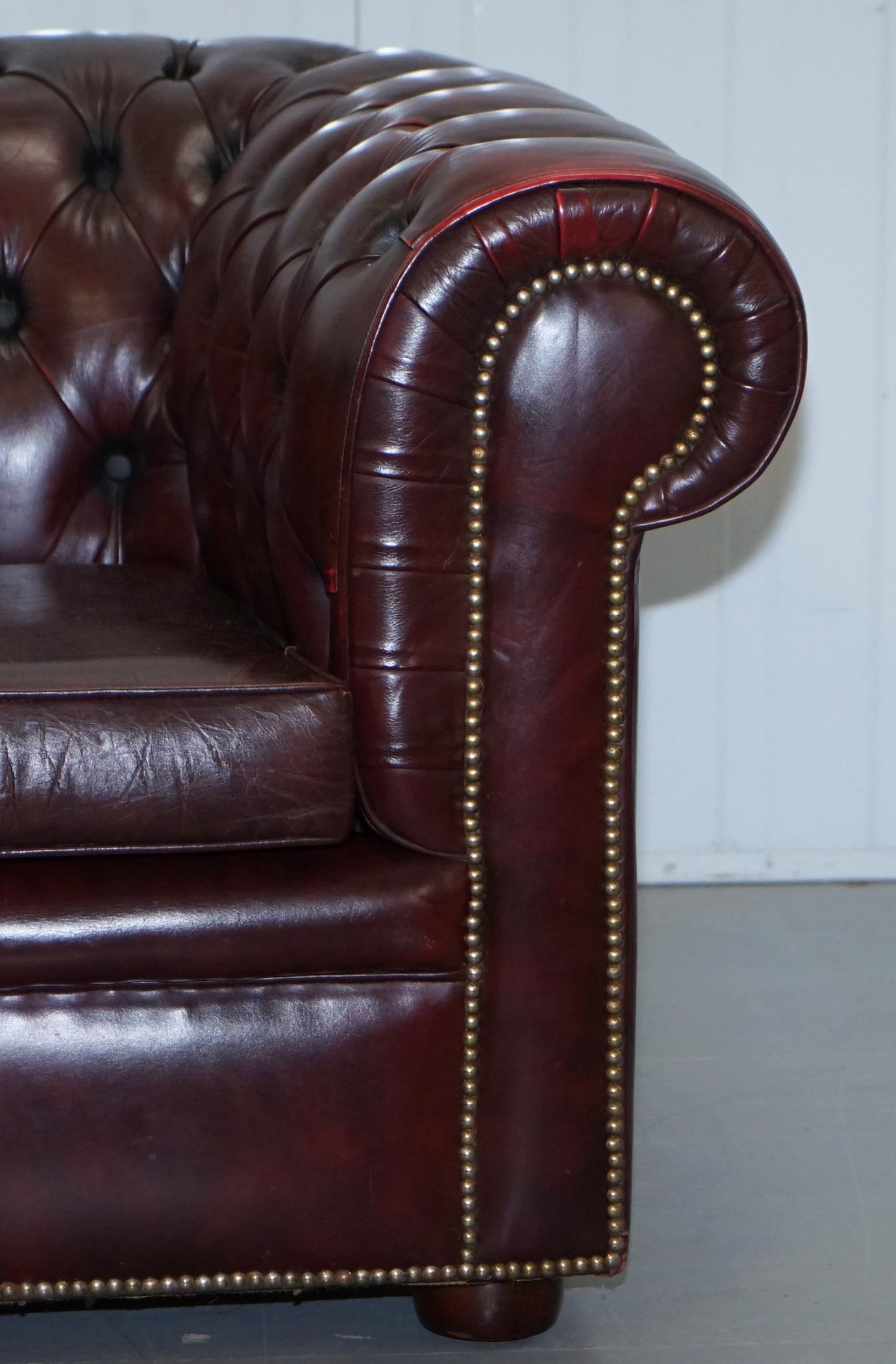 19th Century Pair of Vintage Oxblood Leather Hand Made in England Chesterfield Club Armchairs