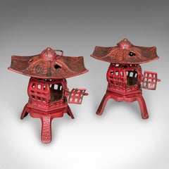 Pair of Vintage Pagoda Lanterns, Japanese, Cast Iron Tea Light Holders, Art Deco