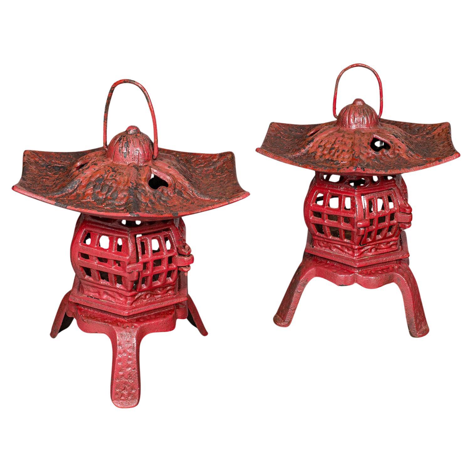Pair of Vintage Pagoda Lanterns, Japanese, Cast Iron Tea Light Holders, Art Deco