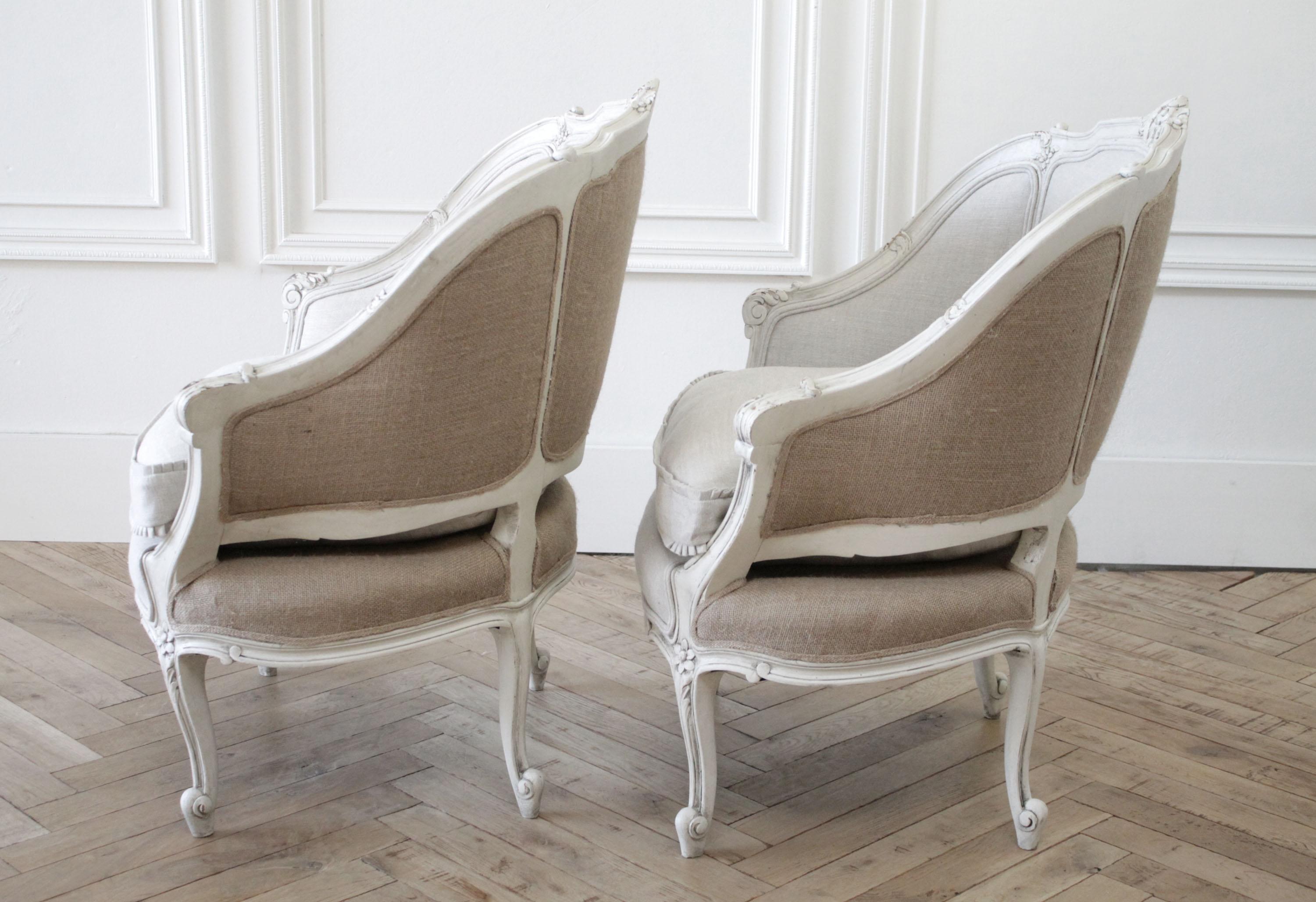 Pair of Vintage Painted and Upholstered French Style Marquis Chairs in Linen 5