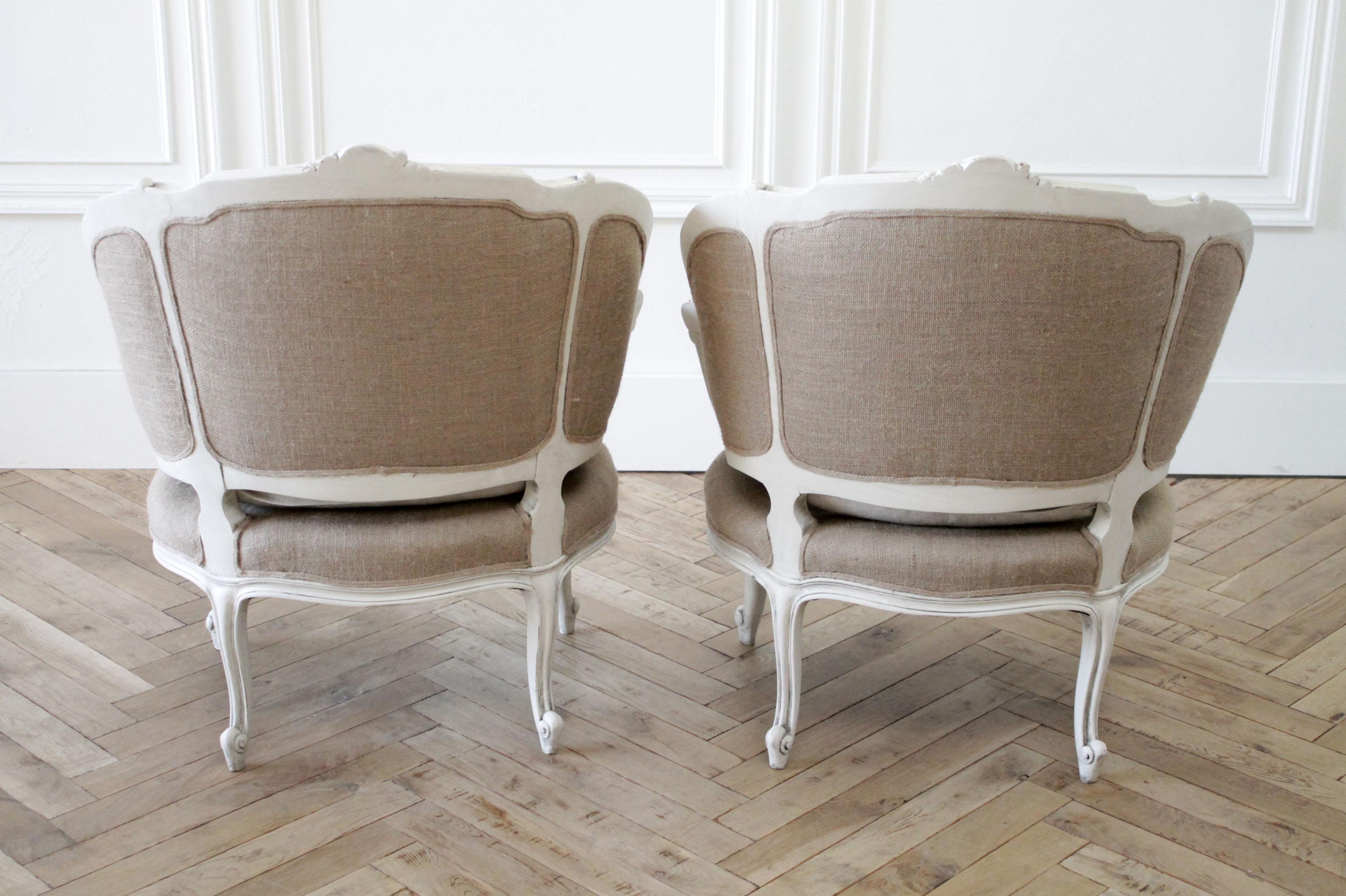 Pair of Vintage Painted and Upholstered French Style Marquis Chairs in Linen 6