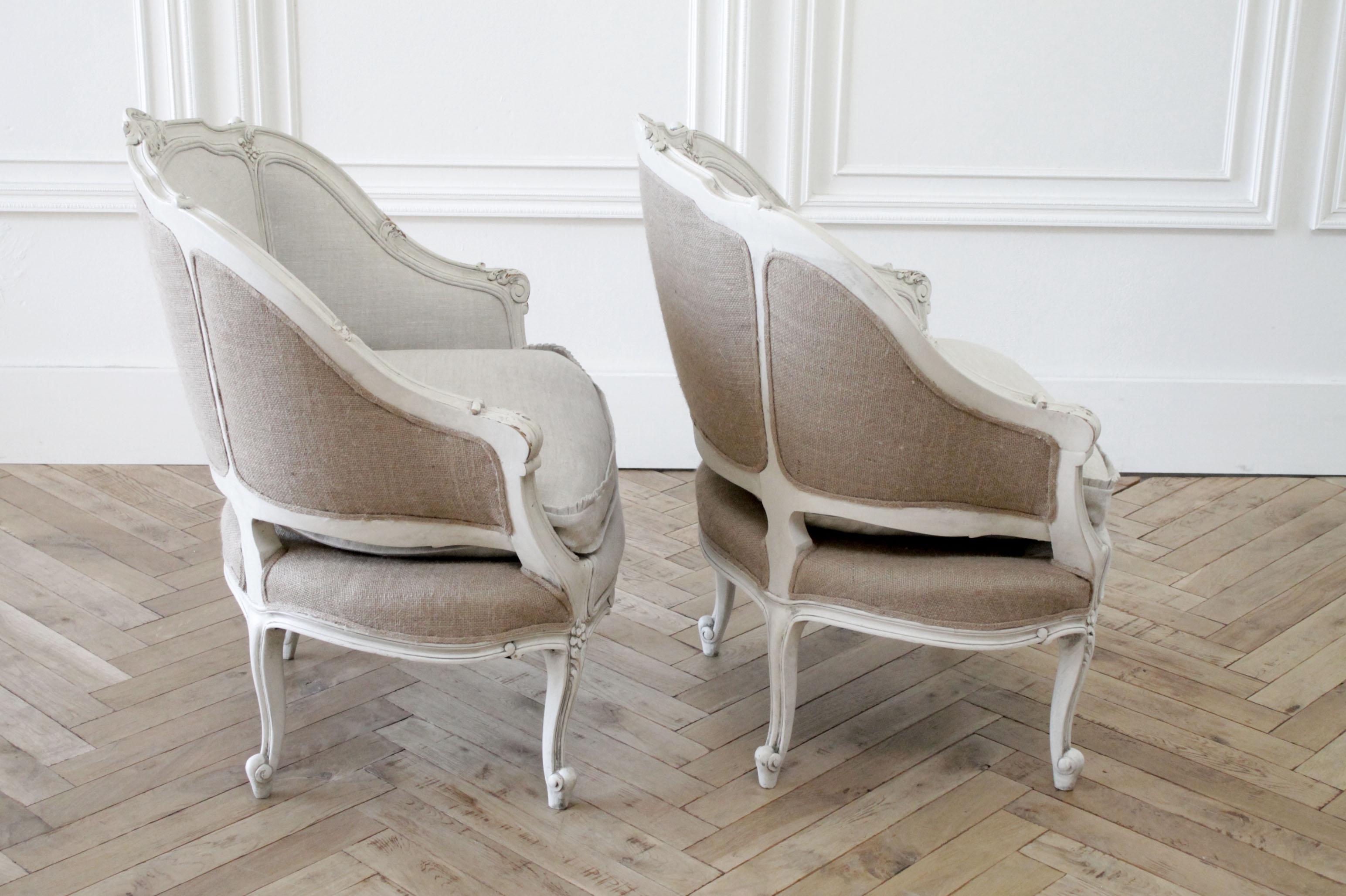 Pair of Vintage Painted and Upholstered French Style Marquis Chairs in Linen 7