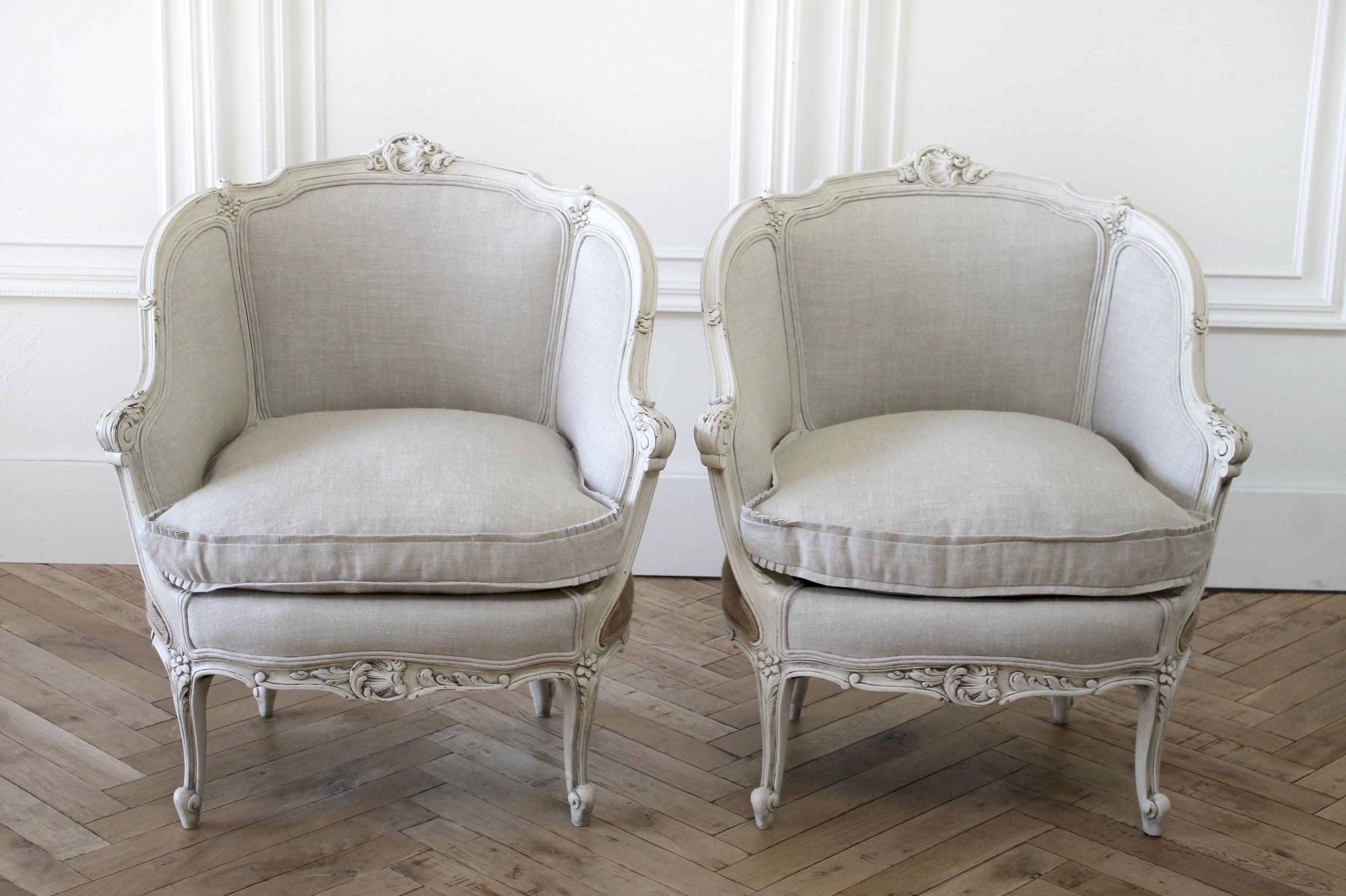 European Pair of Vintage Painted and Upholstered French Style Marquis Chairs in Linen