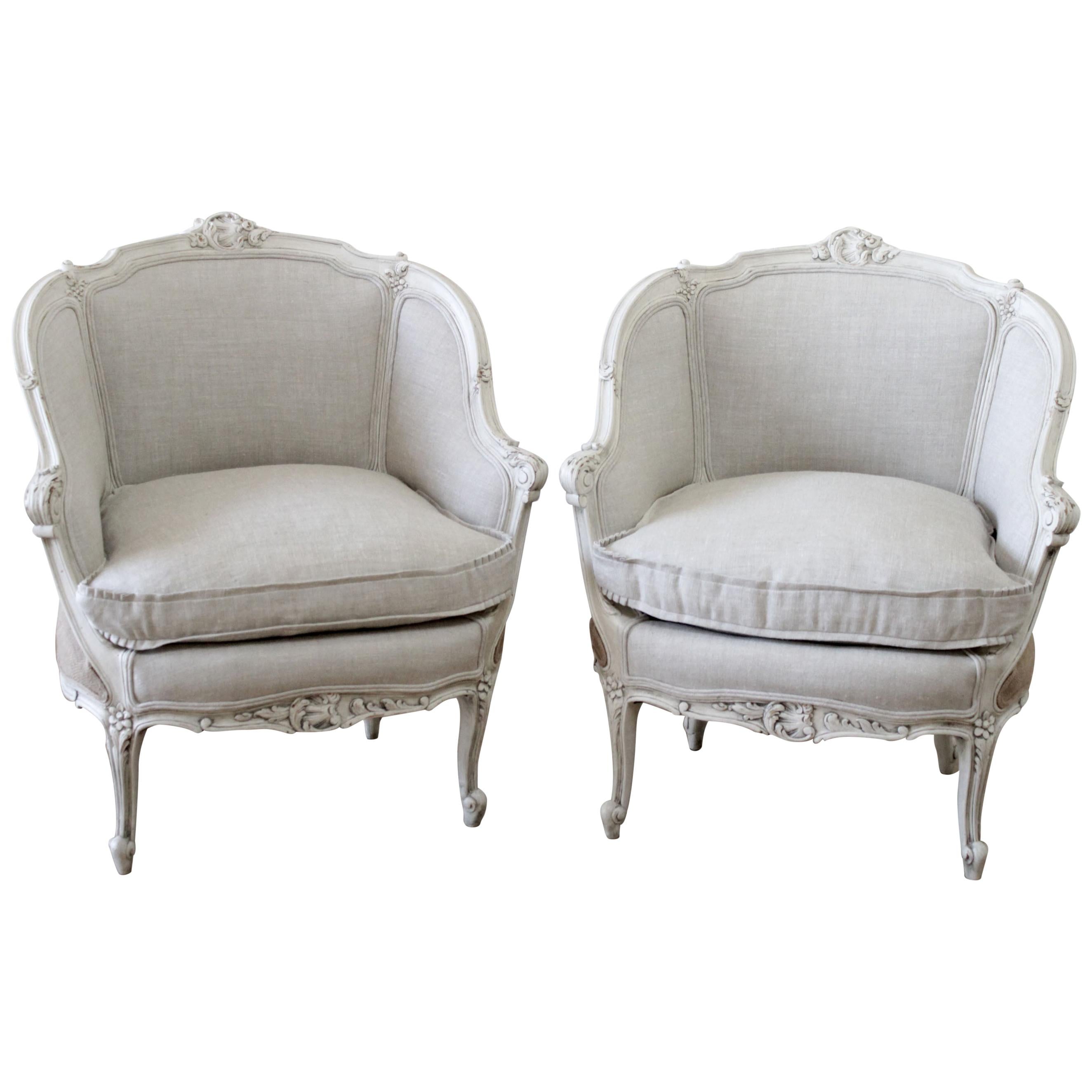 Pair of Vintage Painted and Upholstered French Style Marquis Chairs in Linen