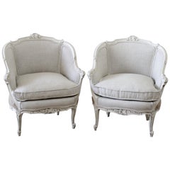 Pair of Vintage Painted and Upholstered French Style Marquis Chairs in Linen