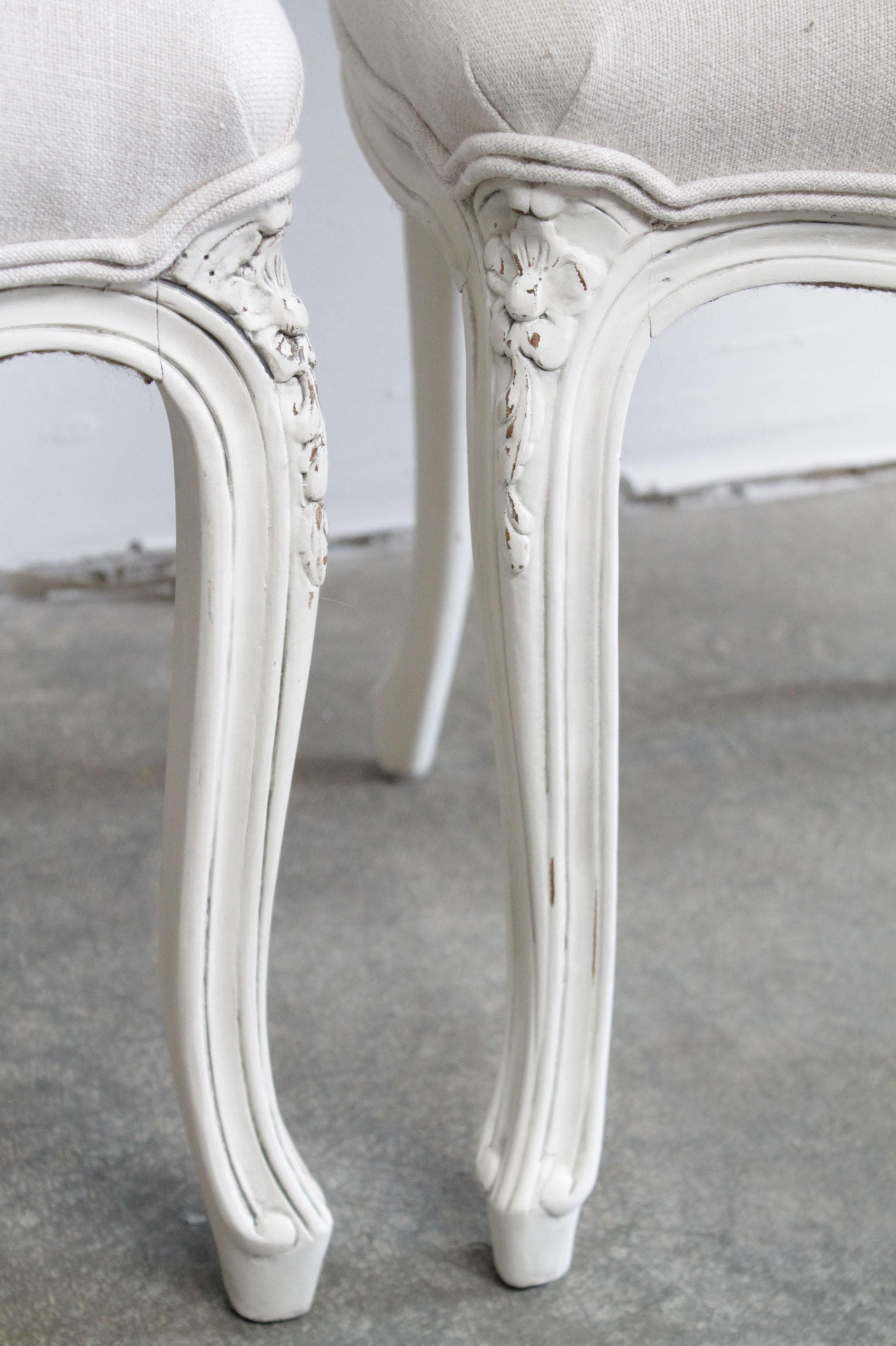 Linen Pair of Vintage Painted and Upholstered Louis XV Style French Side Chairs For Sale