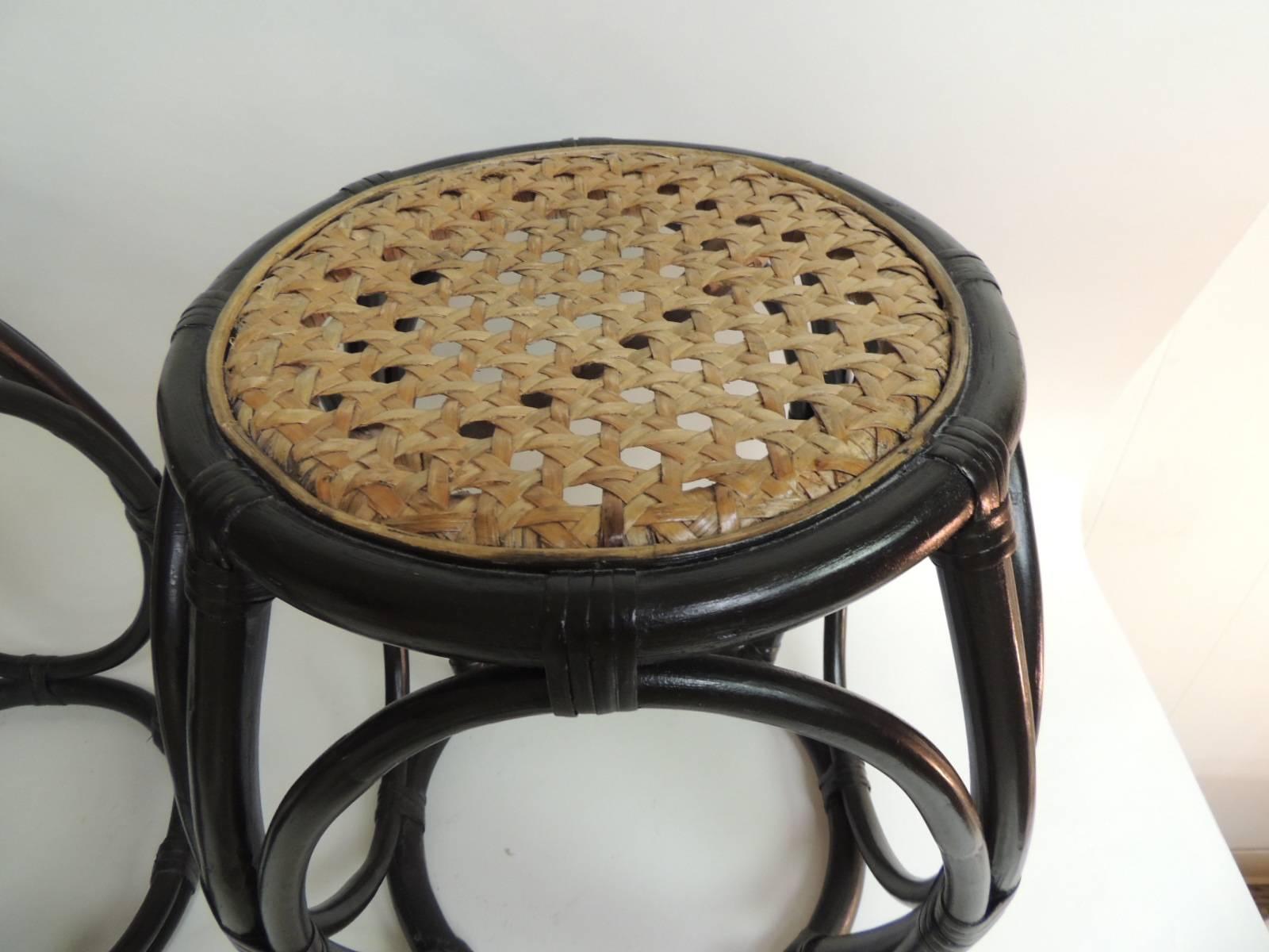 Hollywood Regency HOLIDAY SALE: Pair of Vintage Bentwood Thonet Style Stools with Wicker Seats