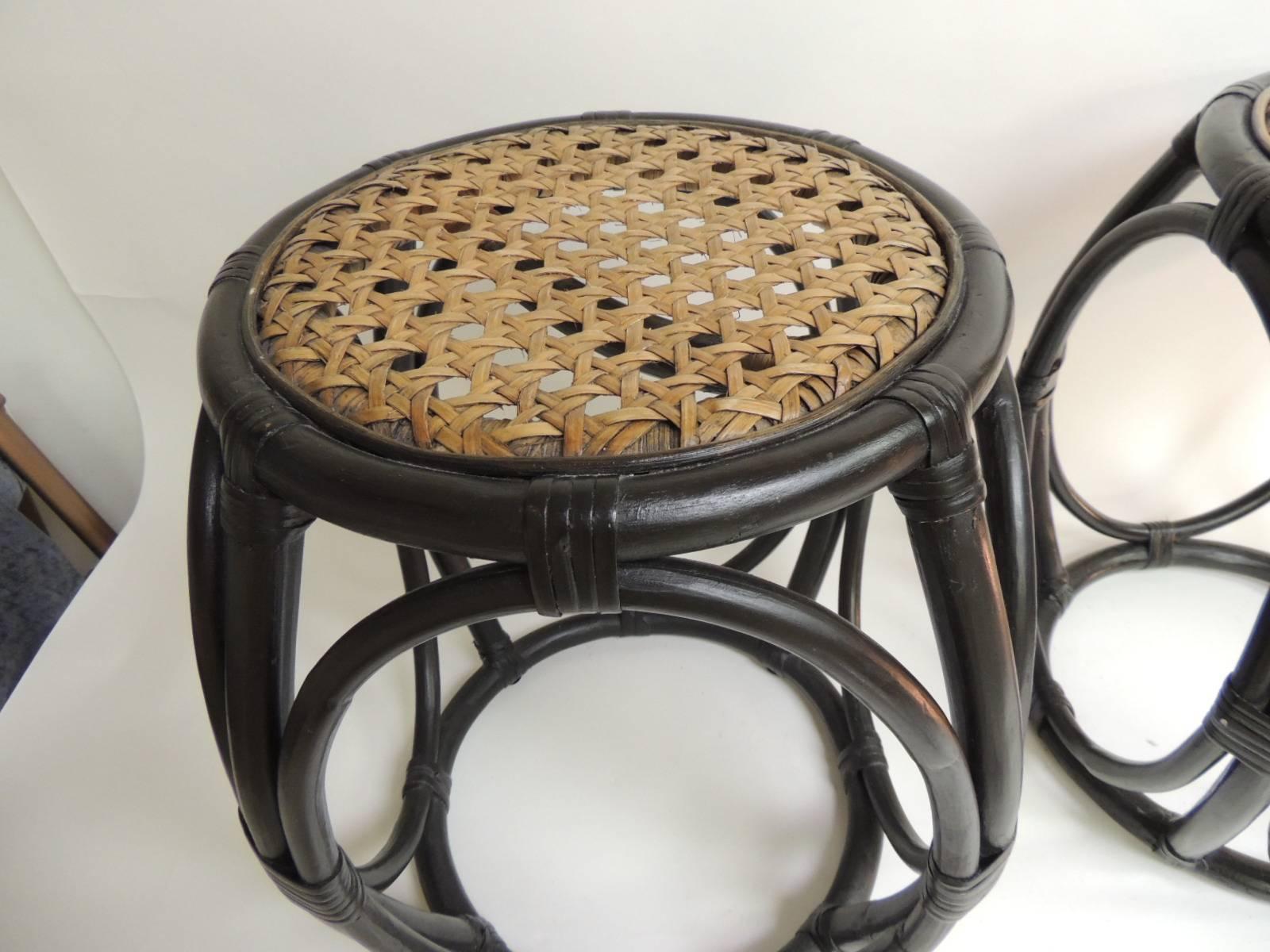 French HOLIDAY SALE: Pair of Vintage Bentwood Thonet Style Stools with Wicker Seats