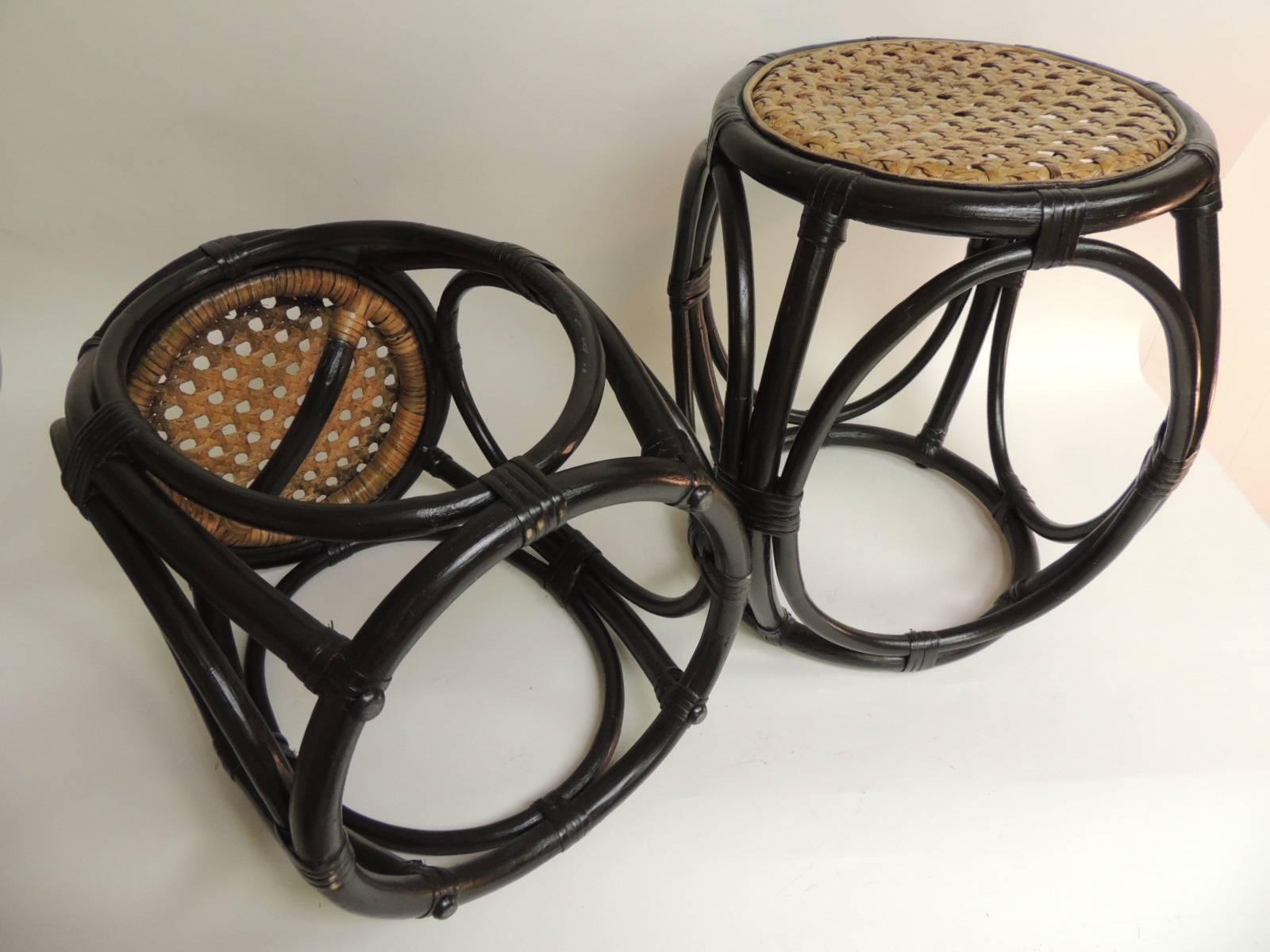Hand-Crafted HOLIDAY SALE: Pair of Vintage Bentwood Thonet Style Stools with Wicker Seats
