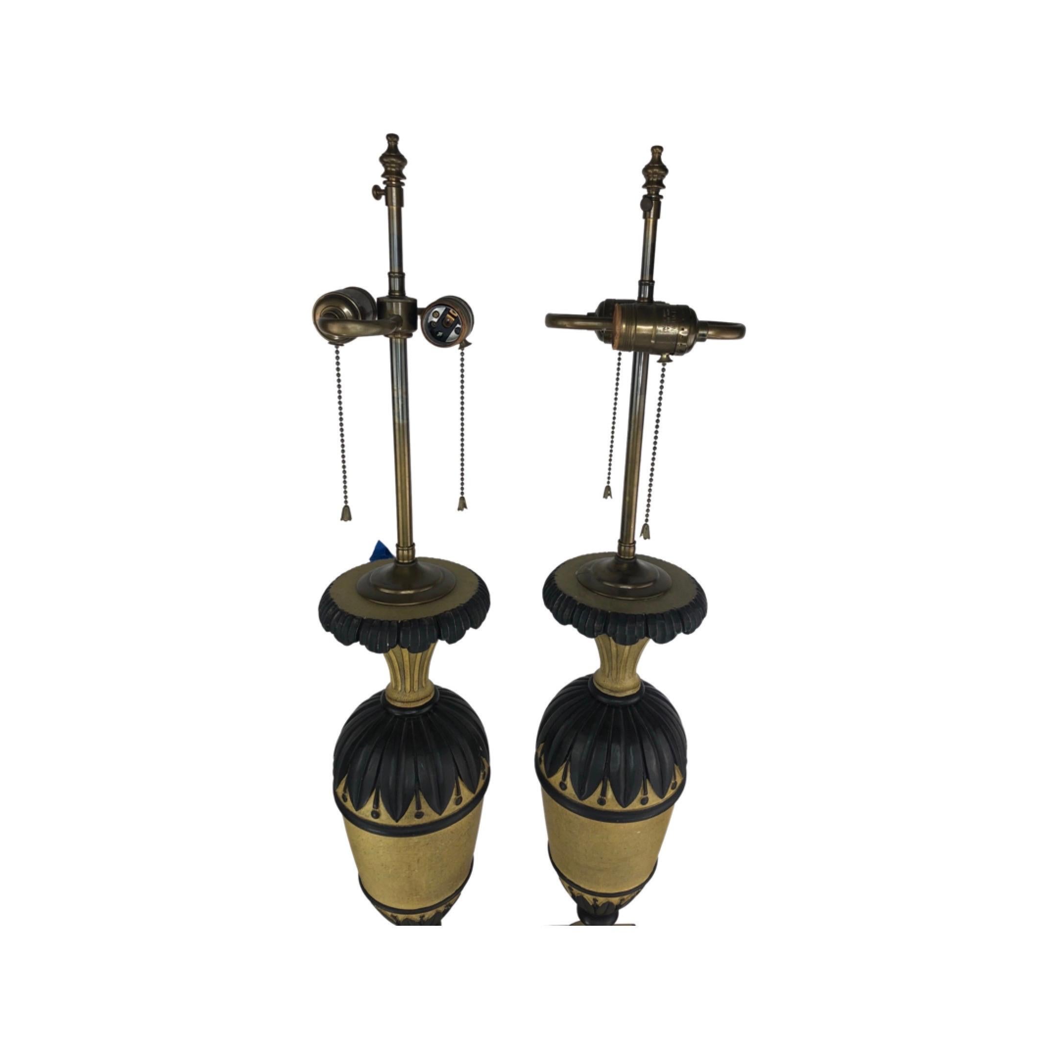 American Pair of Vintage Painted Carved Wood Urn Shaped Lamps For Sale