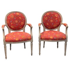 Pareja de Fauteuils Vintage Pintados con Tapicería Floral
