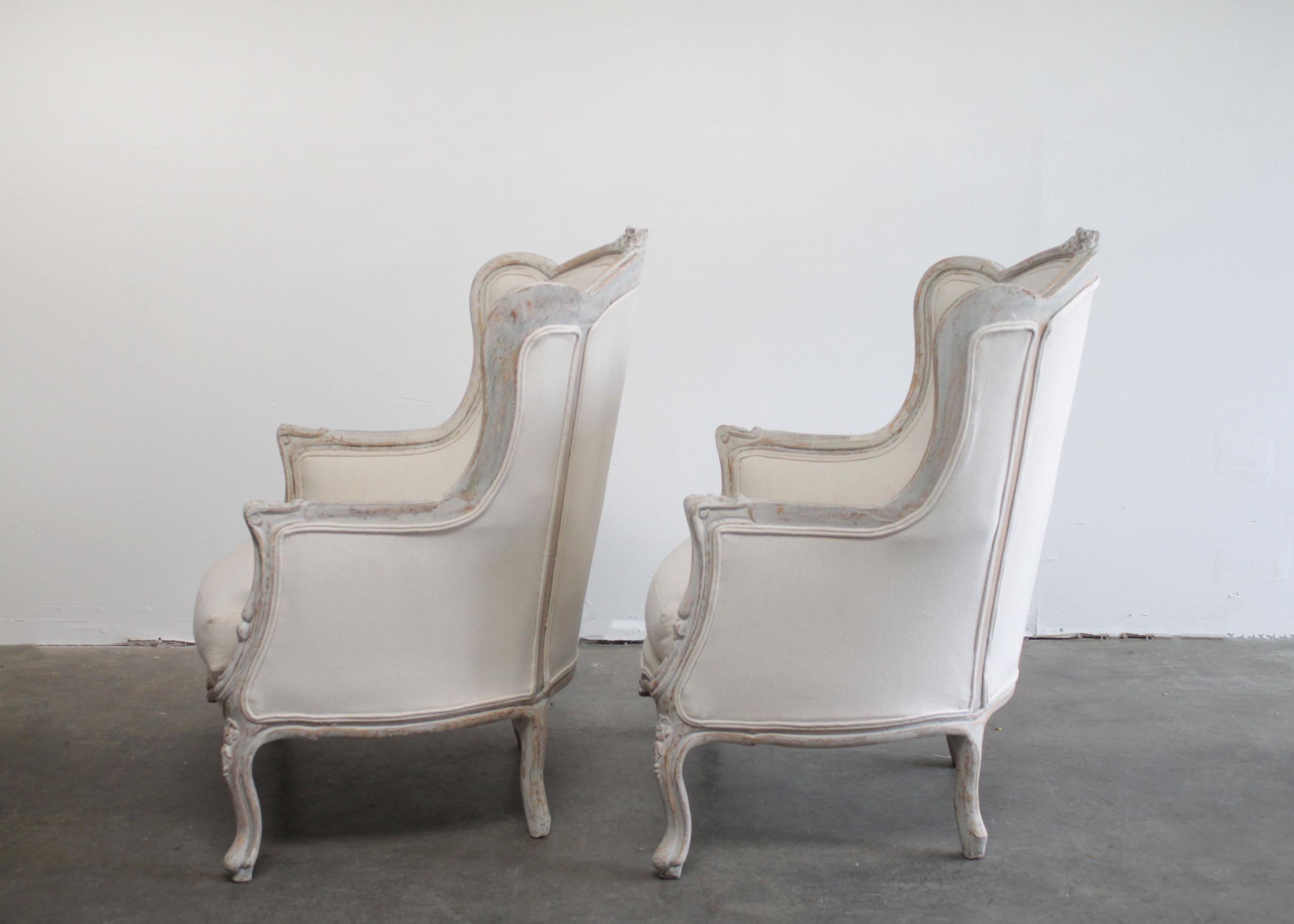 Louis XV Pair of Vintage Painted French Style Wing Back Bergere Chairs