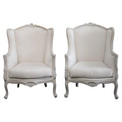 Pair of Vintage Painted French Style Wing Back Bergere Chairs