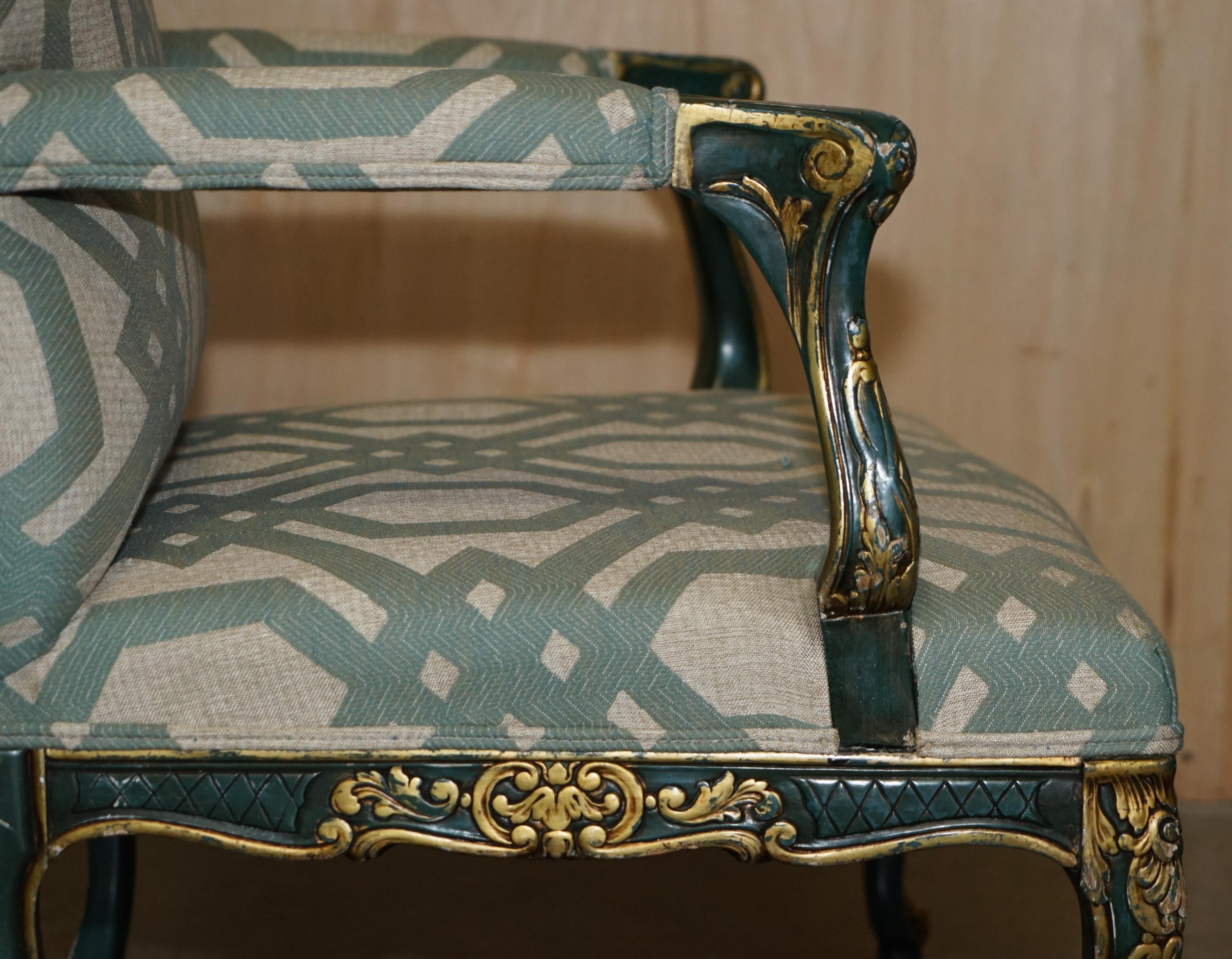 PAIR OF ViNTAGE PAINTED GREEN FRENCH FRATELLI ARMCHAIRS ORNATELY CARVED FRAMES For Sale 5