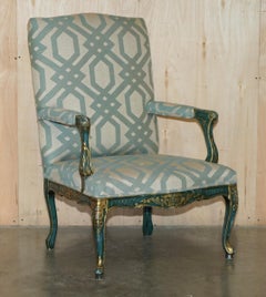 PAIR OF ViNTAGE PAINTED GREEN FRENCH FRATELLI ARMCHAIRS ORNATELY CARVED FRAMES