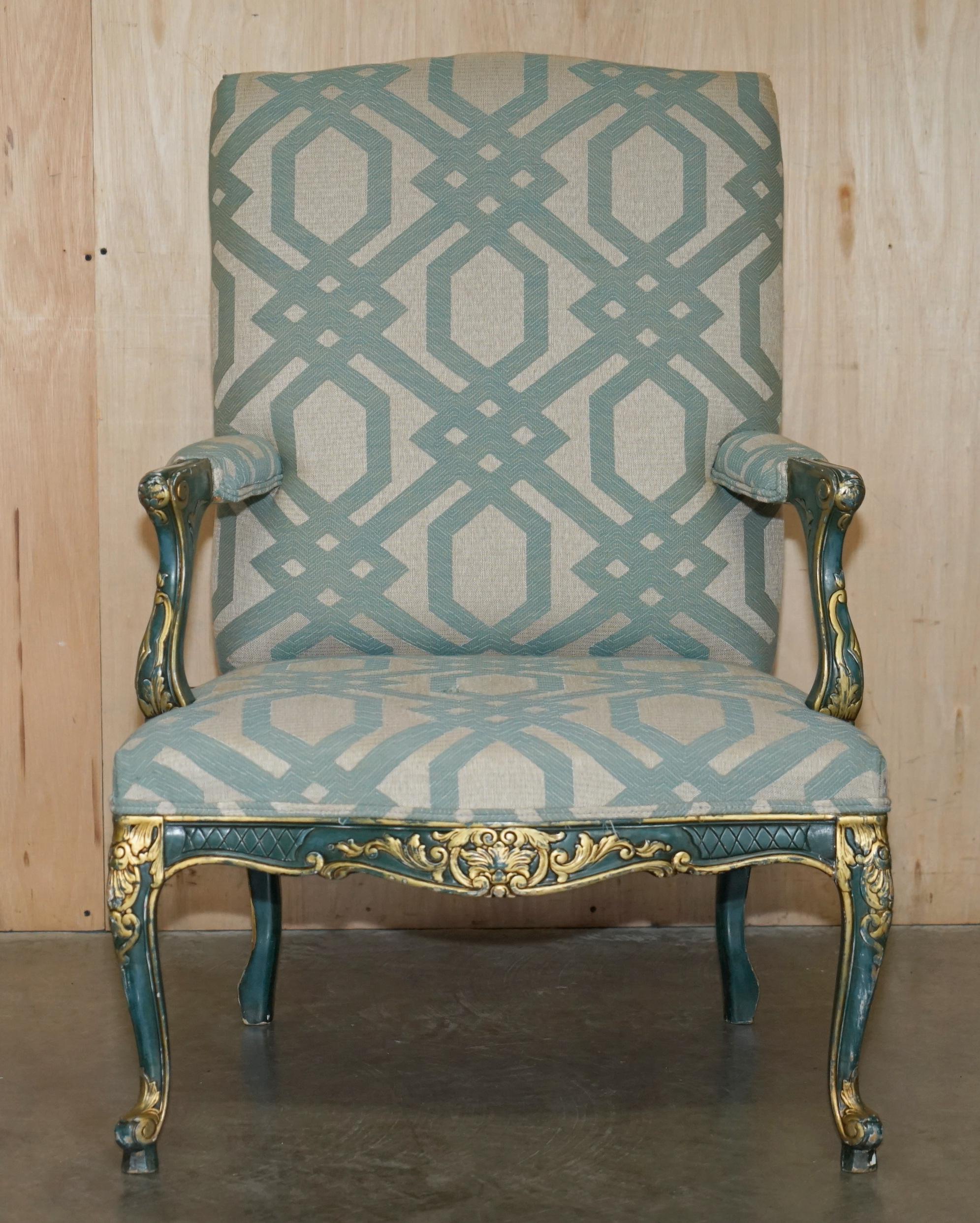 Victorian PAIR OF ViNTAGE PAINTED GREEN FRENCH FRATELLI ARMCHAIRS ORNATELY CARVED FRAMES For Sale