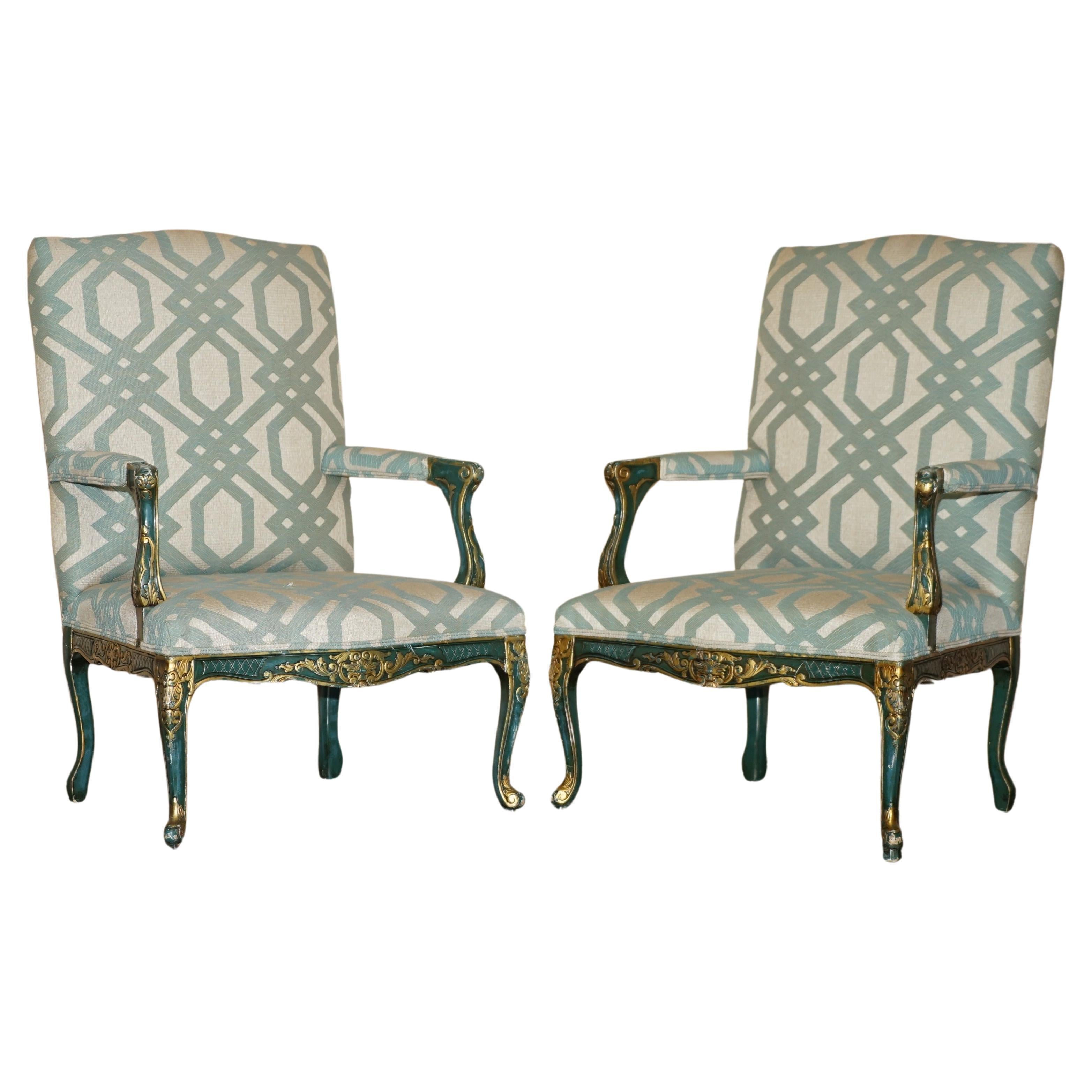 PAIR OF ViNTAGE PAINTED GREEN FRENCH FRATELLI ARMCHAIRS ORNATELY CARVED FRAMES For Sale