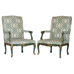 PAIR OF Used PAINTED GREEN FRENCH FRATELLI ARMCHAIRS ORNATELY CARVED FRAMES